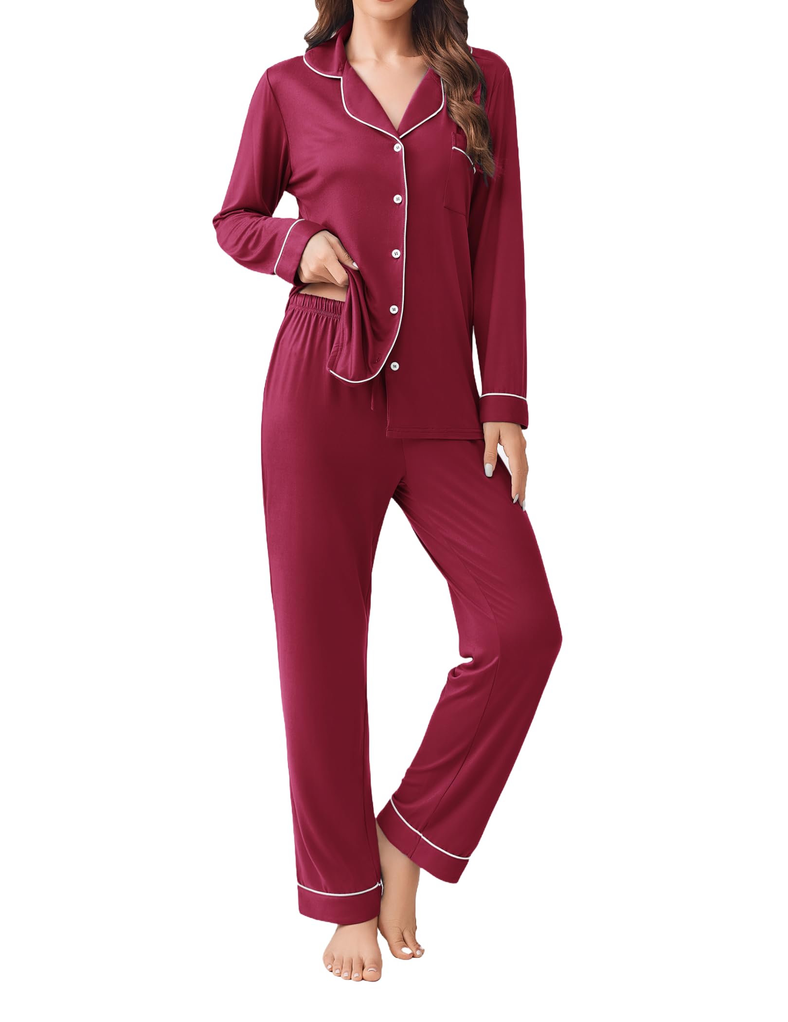 Ekouaer Womens Pajamas Set Button Down Long Sleeve Top & Pants Lounge Sets