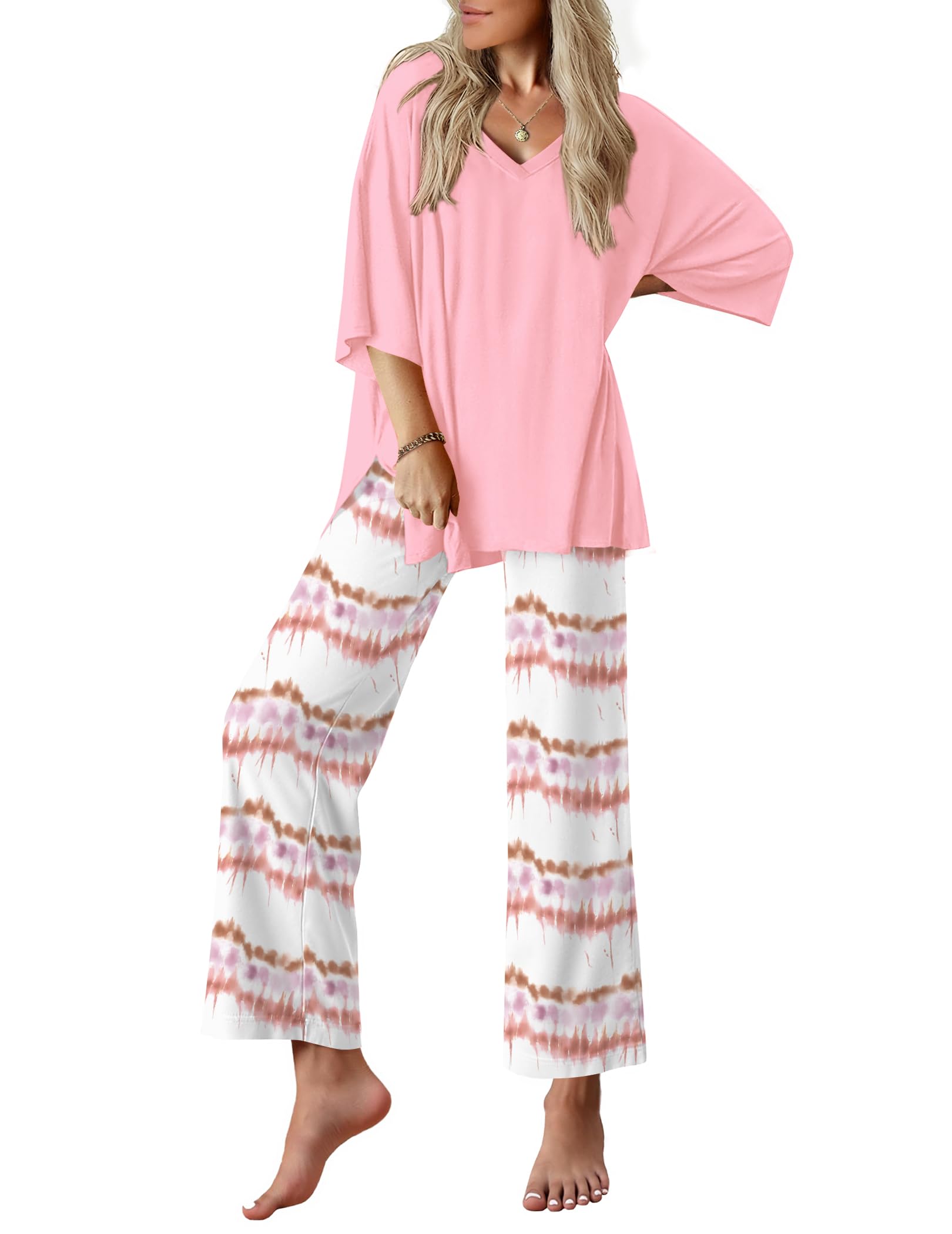 Ekouaer Lounge Sets for Women Short Sleeve Tops and Long Pants Pajamas Set