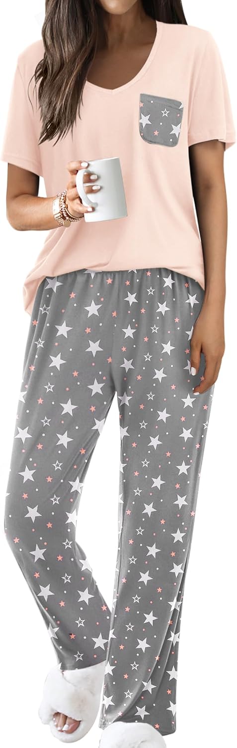 Ekouaer Pajama Sets for Women 2 Piece Short Sleeve Pj V Neck Chest Pocket