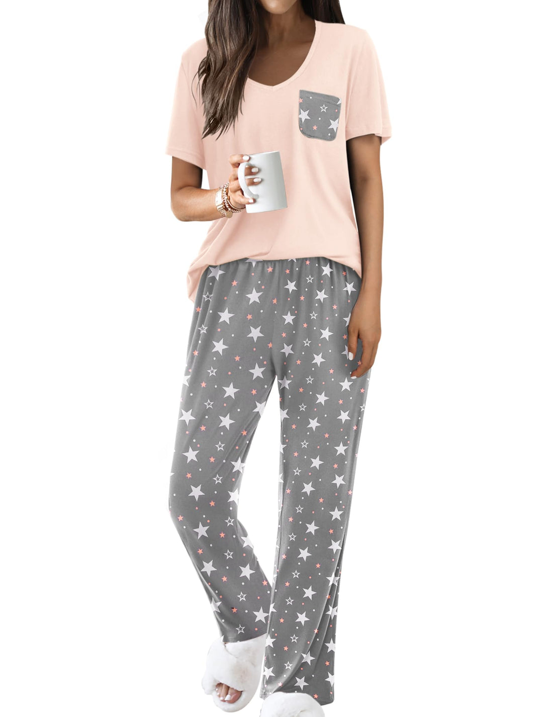 Ekouaer Pajama Sets for Women 2 Piece Short Sleeve Pj V Neck Chest Pocket