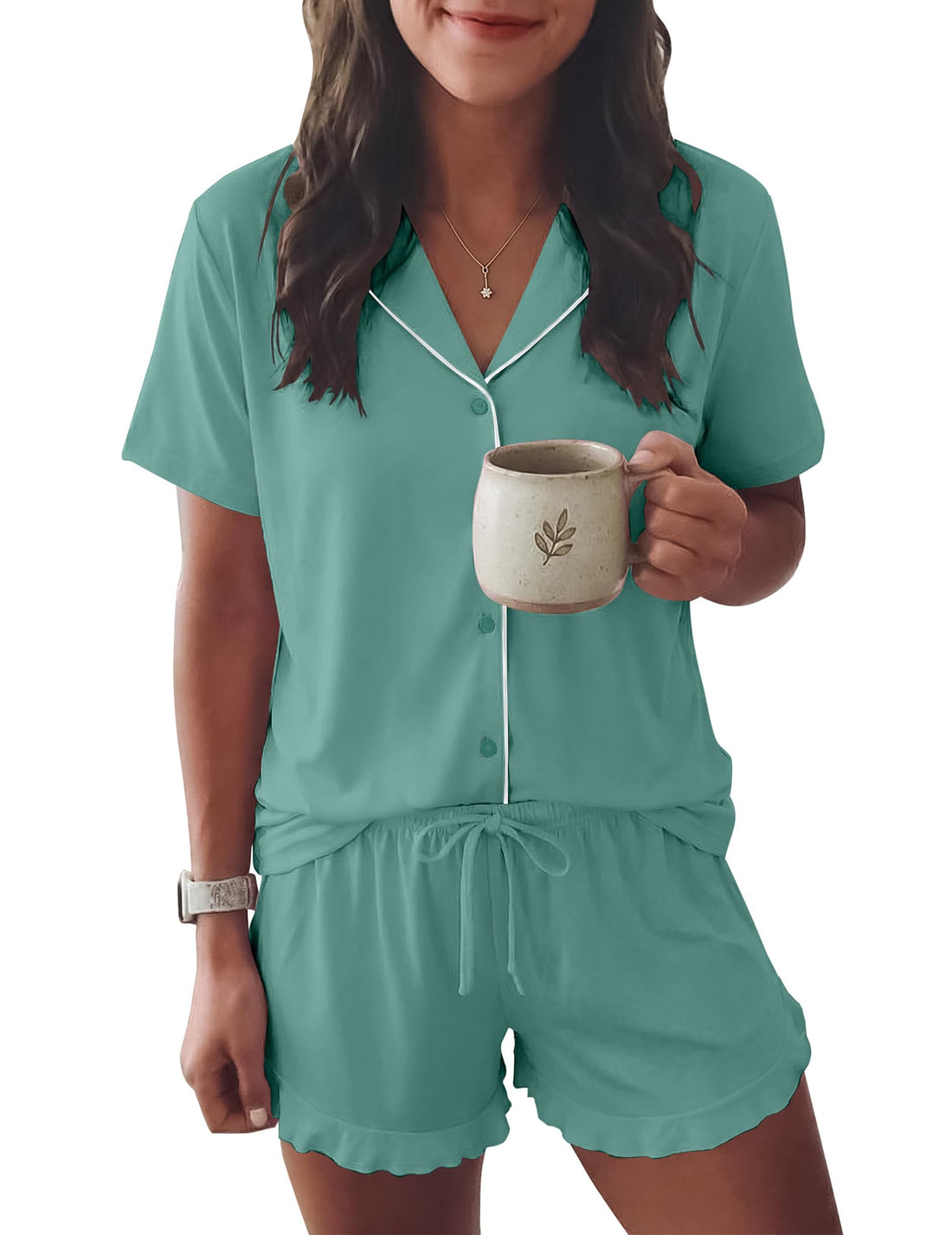 Ekouaer Womens Pajama Sets Button Down Cute Ruffled Pjs Set Sleepwear