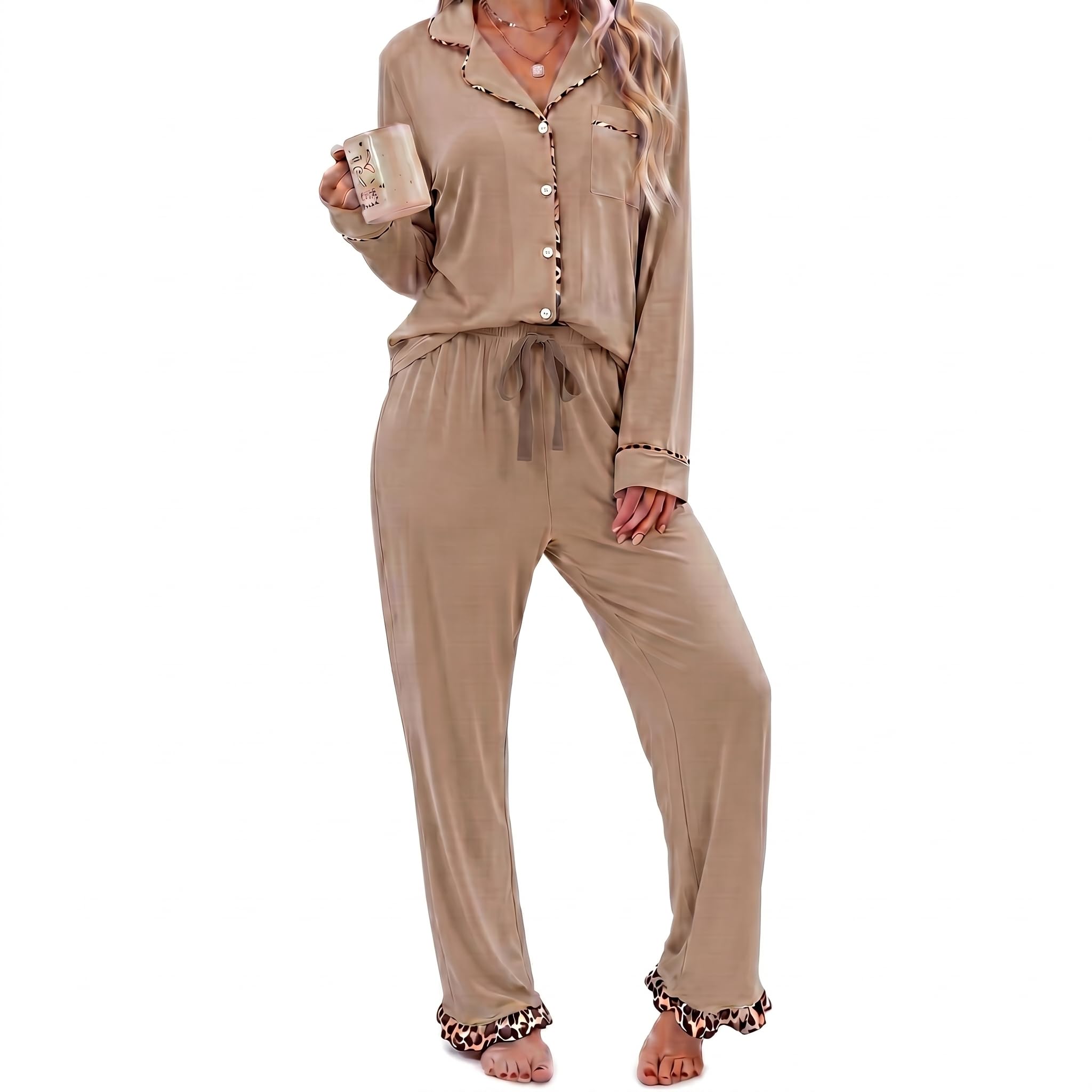 RONGTAI Women Summer Pjs Sets Long Sleeve Button Down Leopard Pajama Sets Ruffle Hem Loungeset Soft Sleepwear