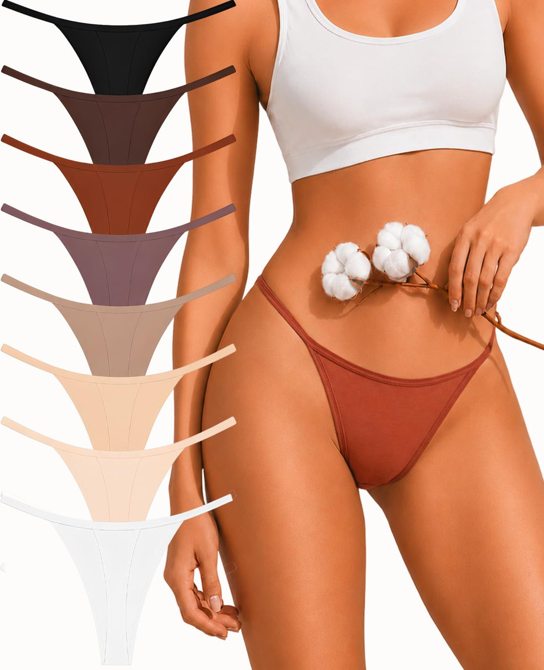 FINETOO 8 Pack Cotton Thongs for Women Sexy G-string Thong Underwear Seamless Low Rise Panties for Ladies Lingerie XS-XXL