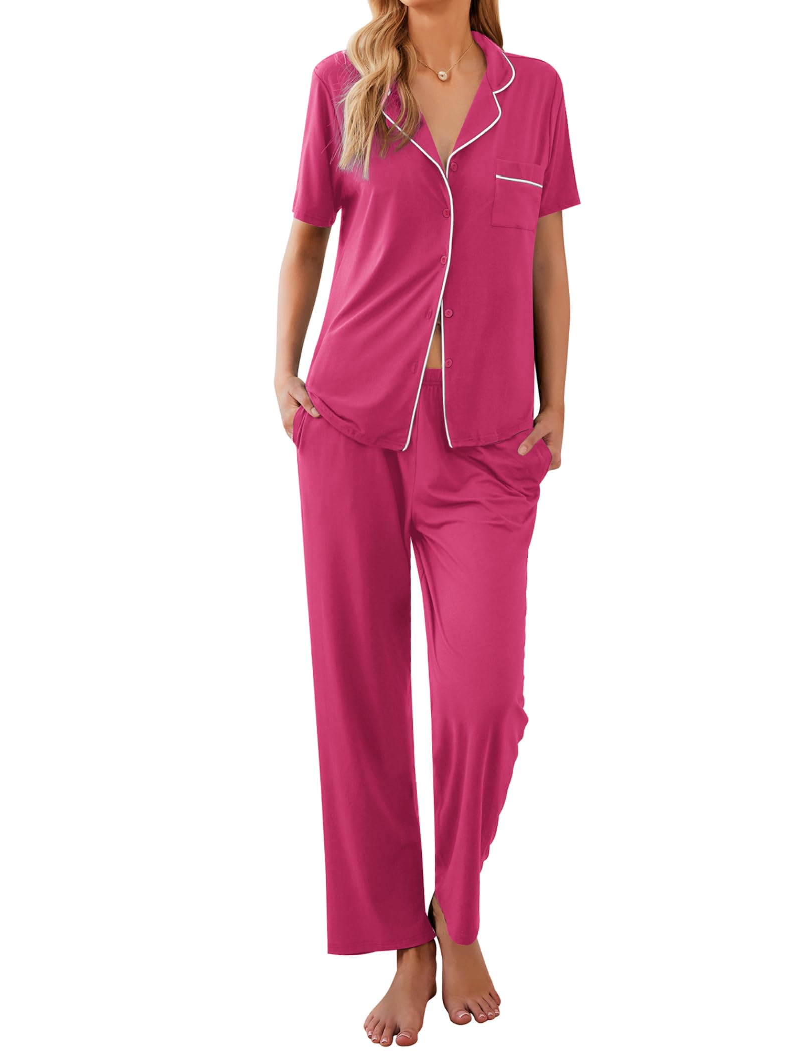 Ekouaer Womens Pajamas Set Short Sleeve Button Down Top & Pants Lounge Pjs