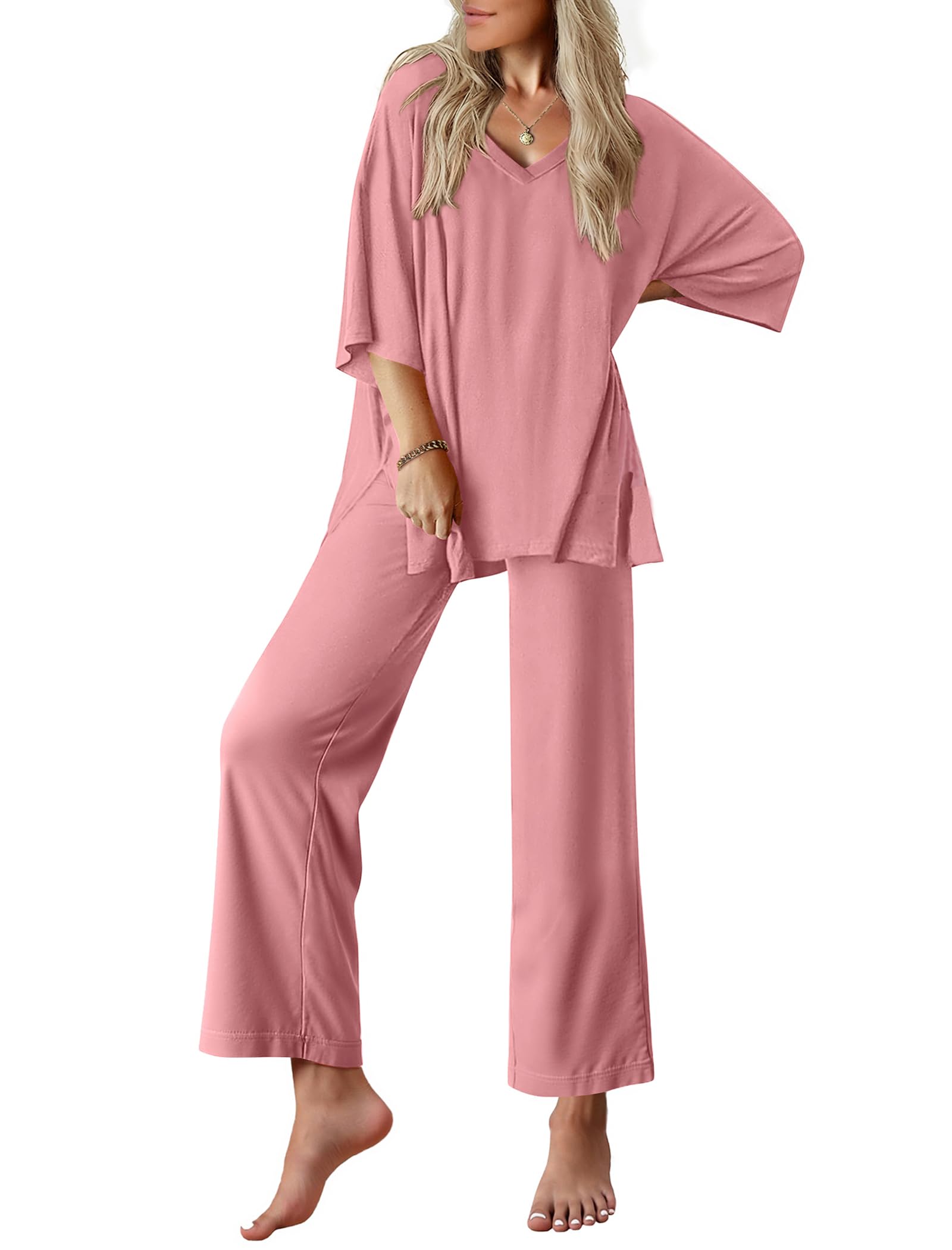 Ekouaer Lounge Sets for Women Short Sleeve Tops and Long Pants Pajamas Set