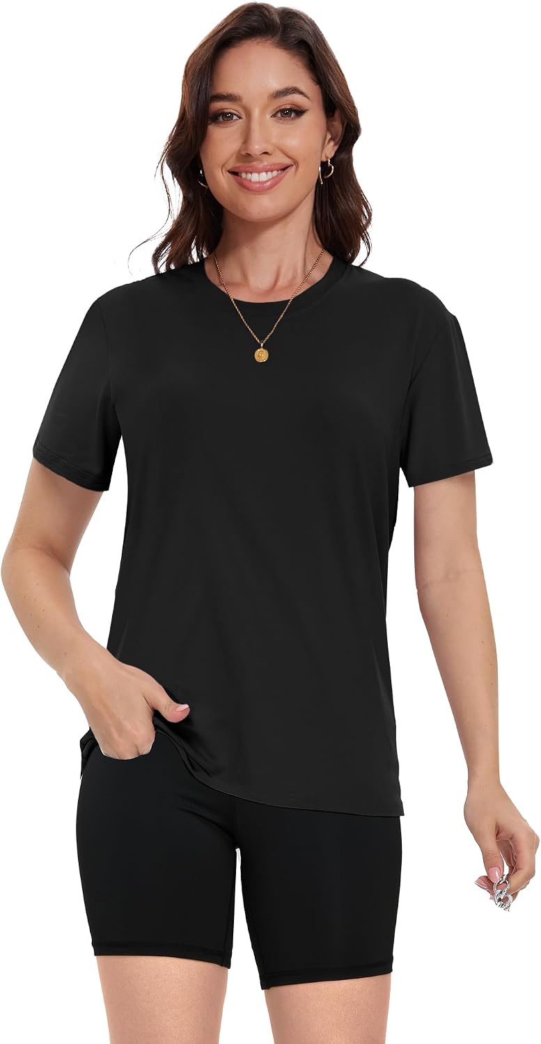 Kinglaman 4 Pack Women Basic T Shirts Tees, Workout Gym Loose Fit Crew Neck Short Sleeve Tshirts Casual Tops