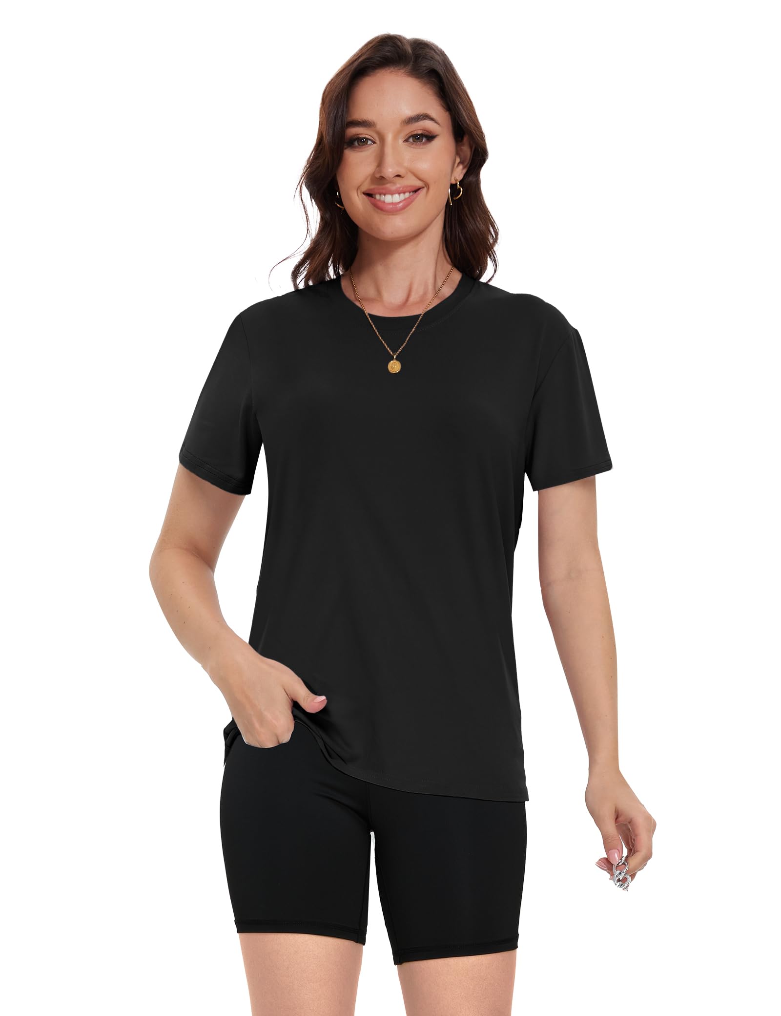 Kinglaman 4 Pack Women Basic T Shirts Tees, Workout Gym Loose Fit Crew Neck Short Sleeve Tshirts Casual Tops