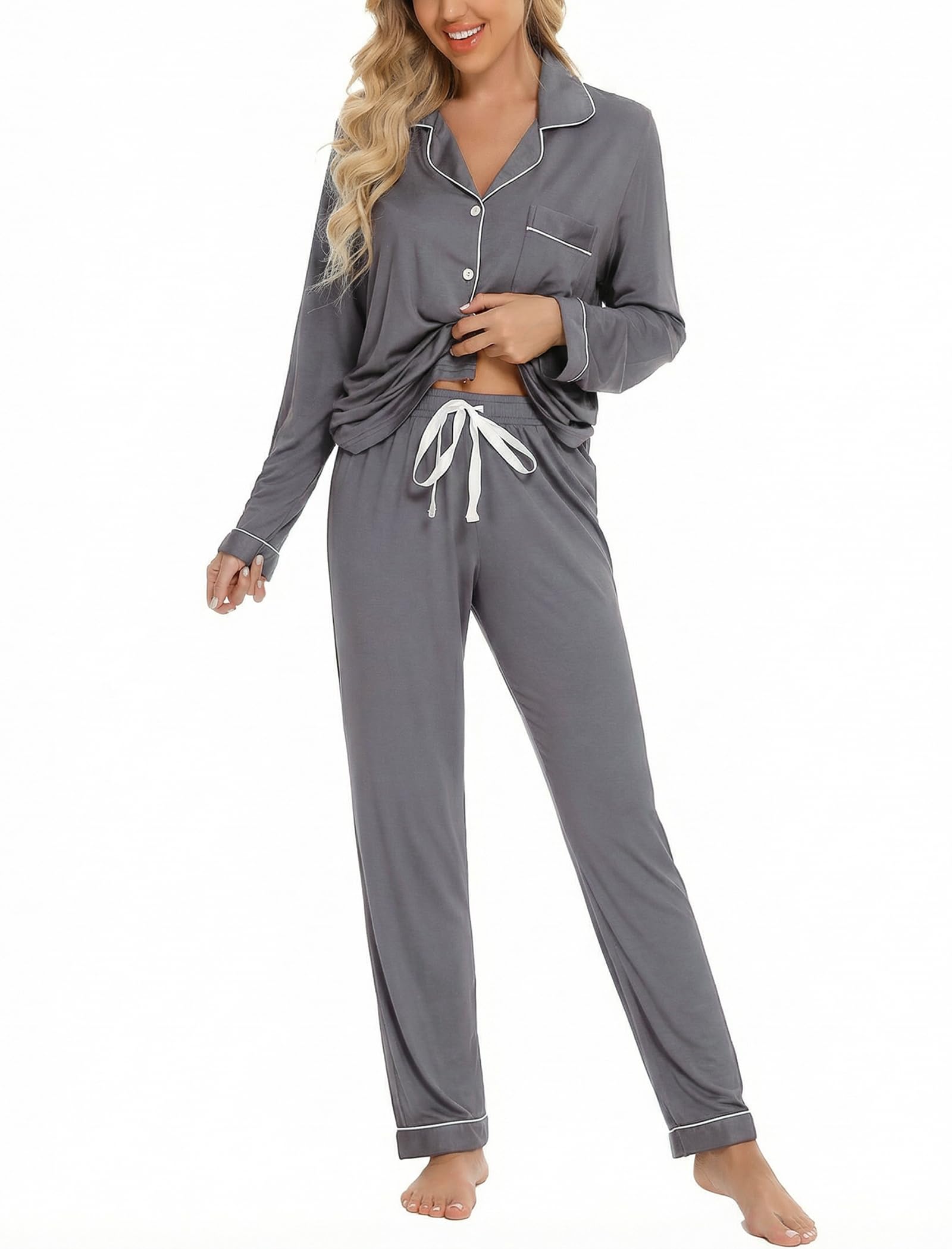 Leikar Button Up Pajamas For Women Long Sleeve Viscose Soft Pjs Lounge