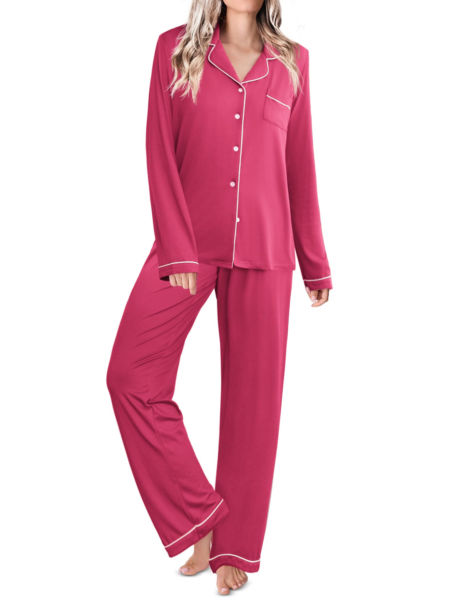 Ekouaer Womens Pajamas Set Classic Sleepwear Long Sleeve Button Up Pjs Sets