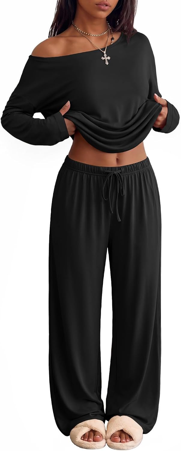 Ekouaer Womens Pajama Sets Off Shoulder Lounge Set 2 Piece Long Sleeve PJs
