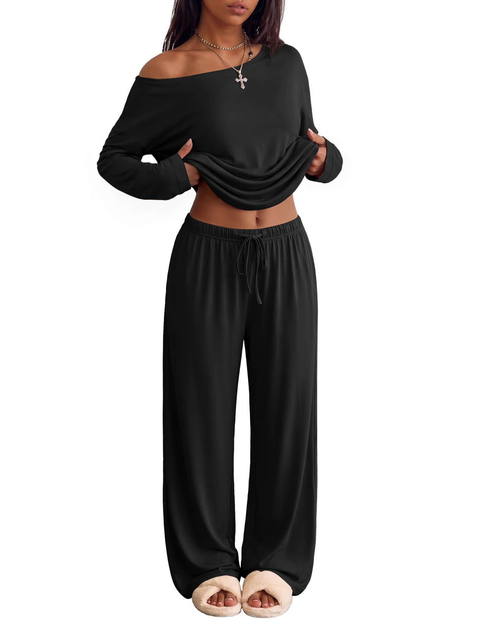 Ekouaer Womens Pajama Sets Off Shoulder Lounge Set 2 Piece Long Sleeve PJs
