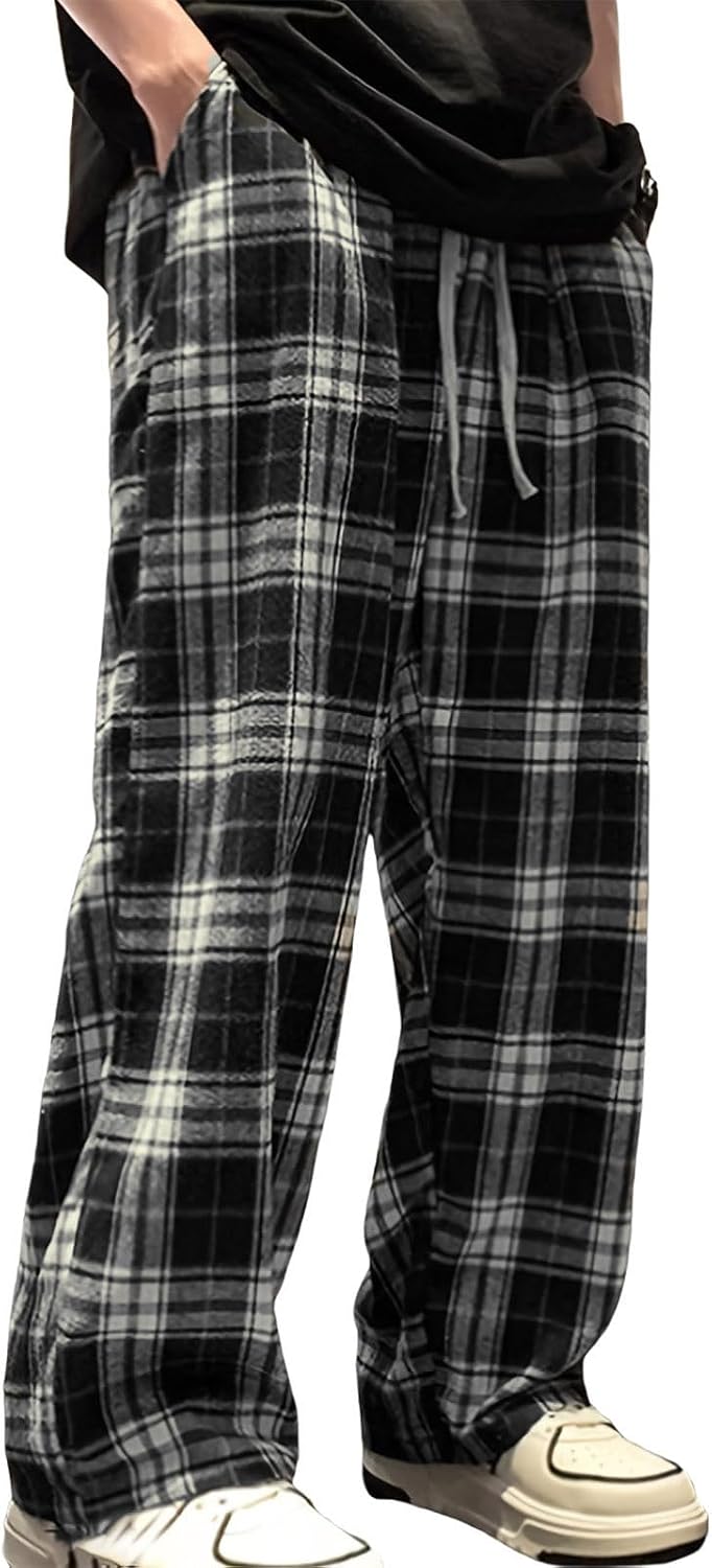 Cambkatl Men's Flannel Plaid Pajamas Pants Elastic Waist Loose Lounge Pj Bottoms Checkered Sleepwear with Pockets