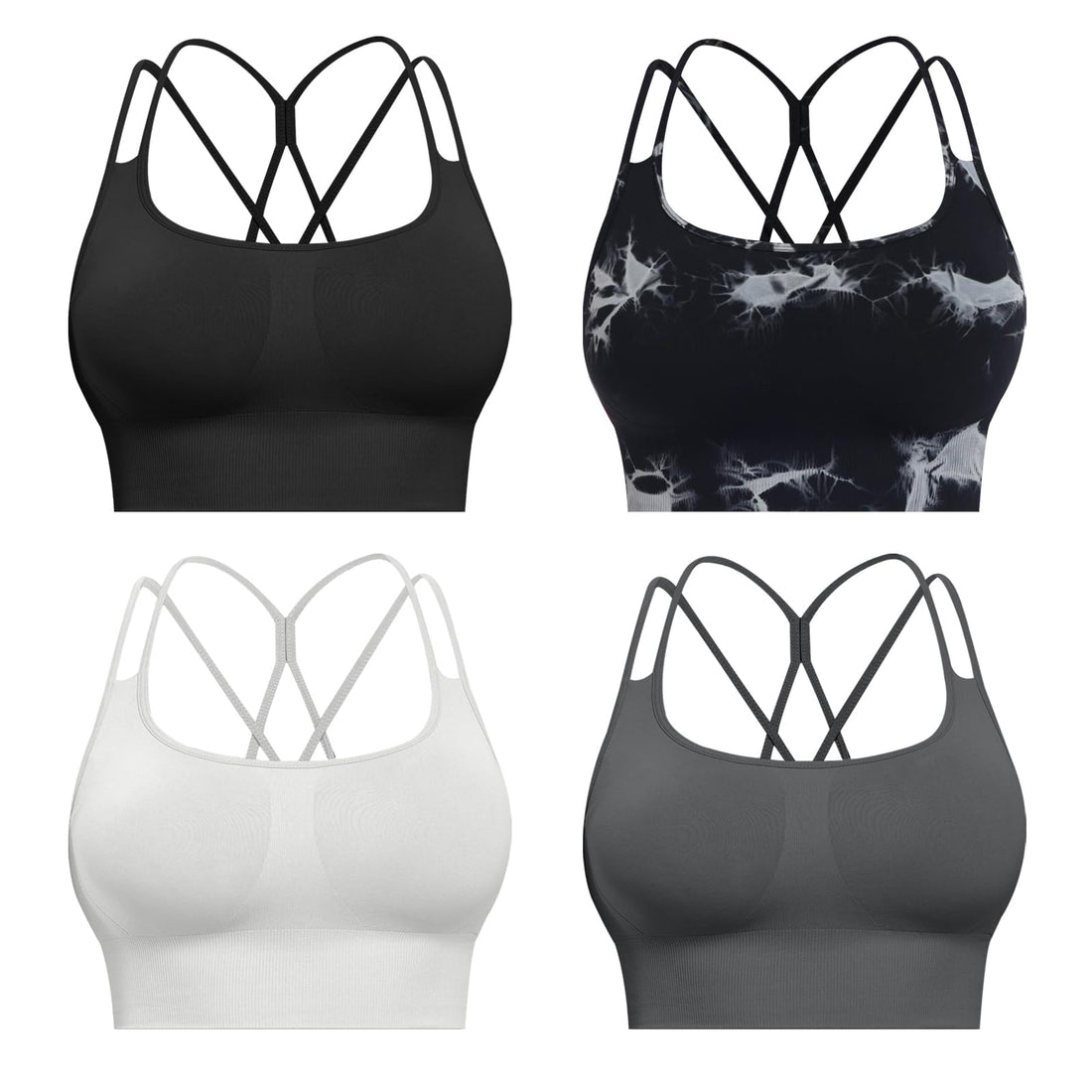 CHRLEISURE Sports Bras for Women, 4 Packs Padded High Support Workout Yoga Seamless Criss-Cross Racerback Bras