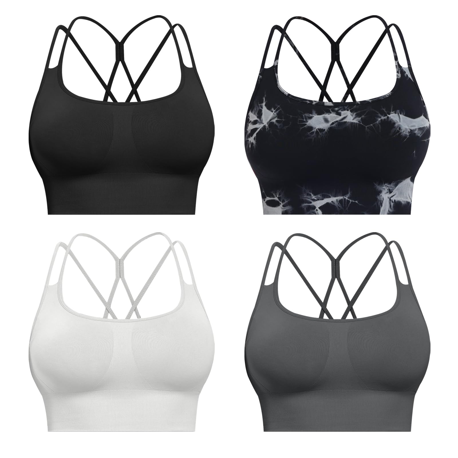 CHRLEISURE Sports Bras for Women, 4 Packs Padded High Support Workout Yoga Seamless Criss-Cross Racerback Bras