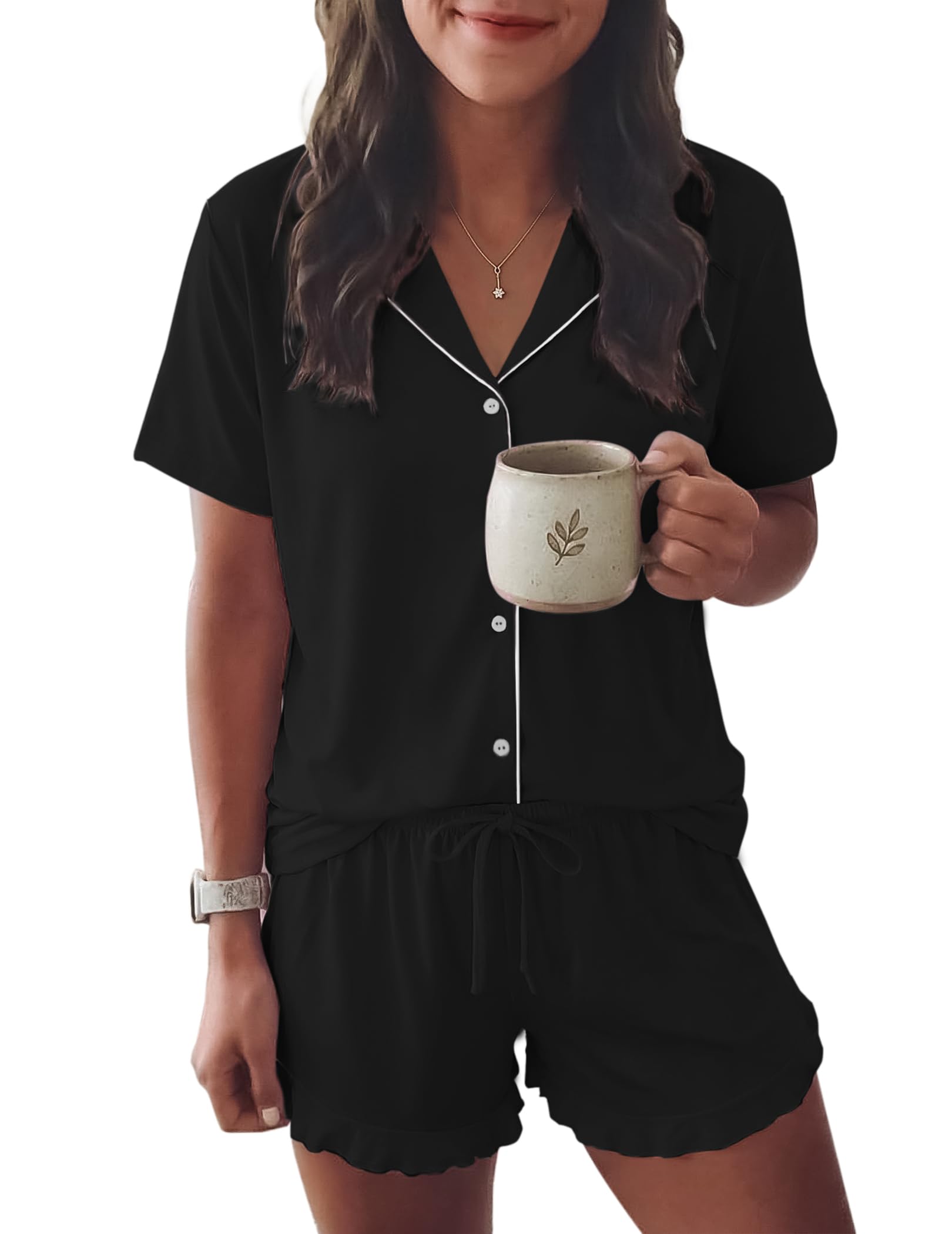 Ekouaer Womens Pajama Sets Button Down Cute Ruffled Pjs Set Sleepwear