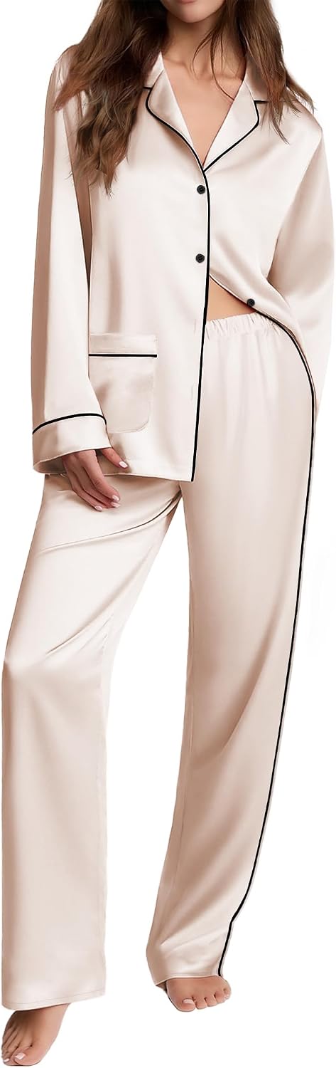 Ekouaer Womens Pajama Sets Satin Silk Pjs Long Sleeve Button Down Sleepwear