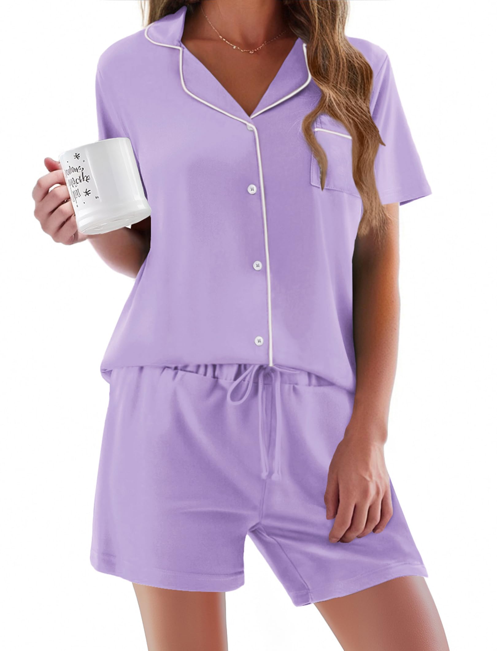 Ekouaer Pajamas Set for Women Short Sleeve Sleepwear Button Down Pj XS-XXXL