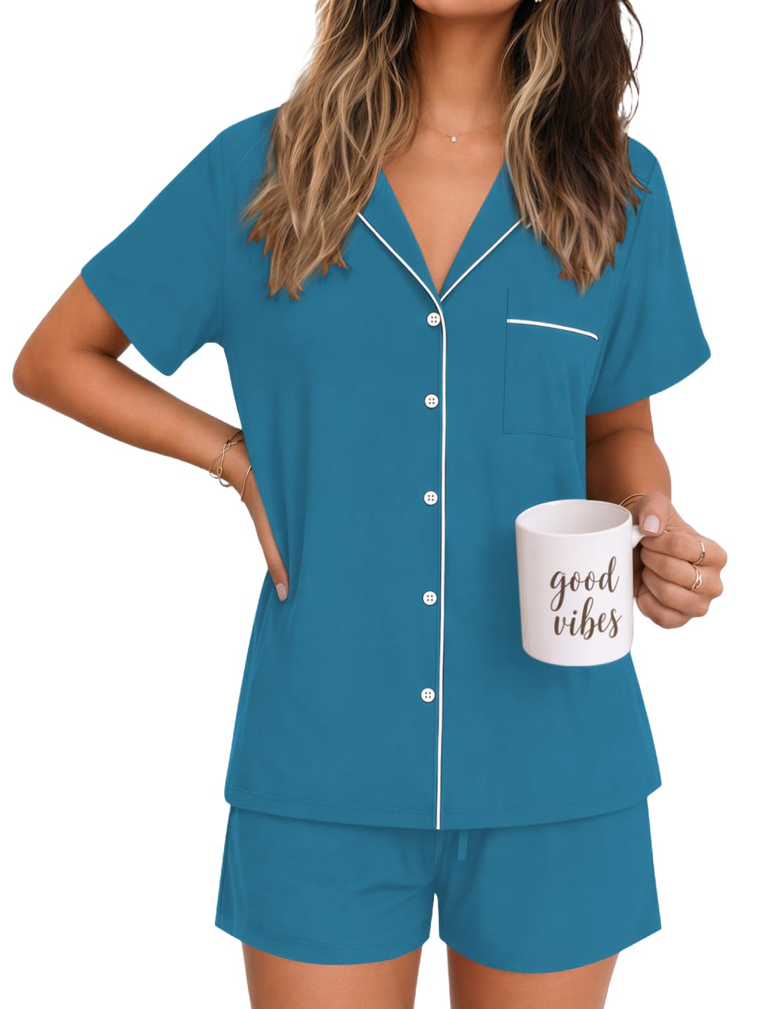 Ekouaer Womens Pajamas Set Soft Classic Notch Collar Bride Pjs Comfy Short Sleeve Sleepwear Loungewear