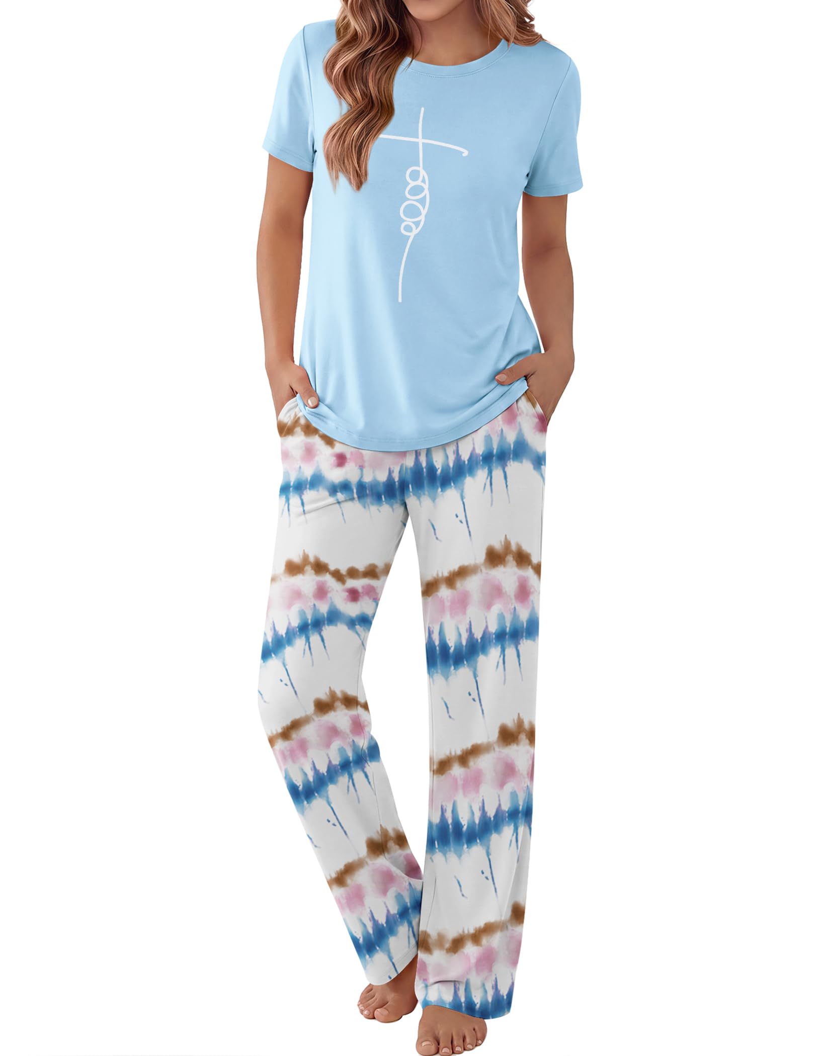 Ekouaer Pajama Set for Women 2 Piece Pjs Short Sleeve Top and Printed Pants