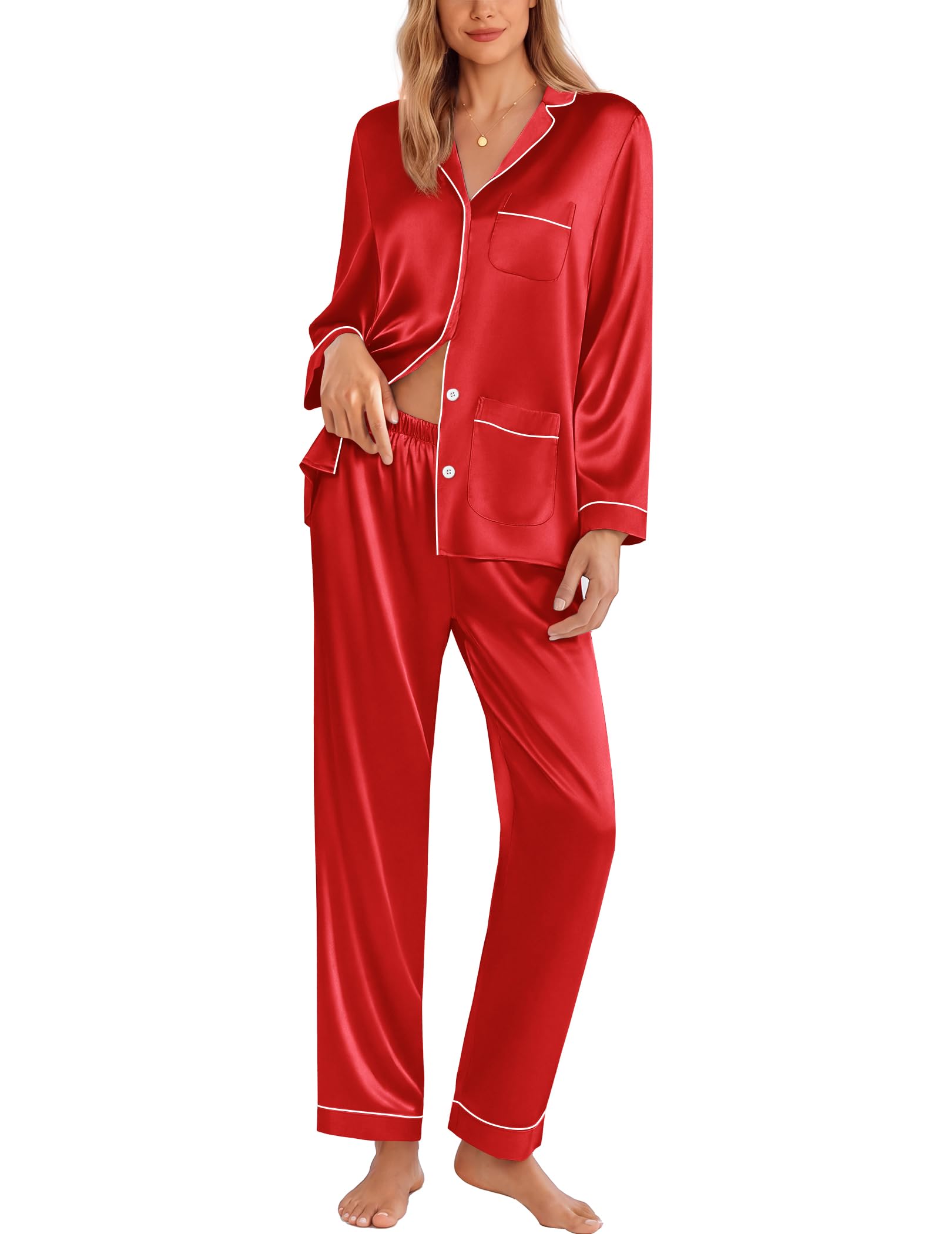 Ekouaer Pajamas for Women Silk Satin Button Down Long Sleeve Pajama Sets