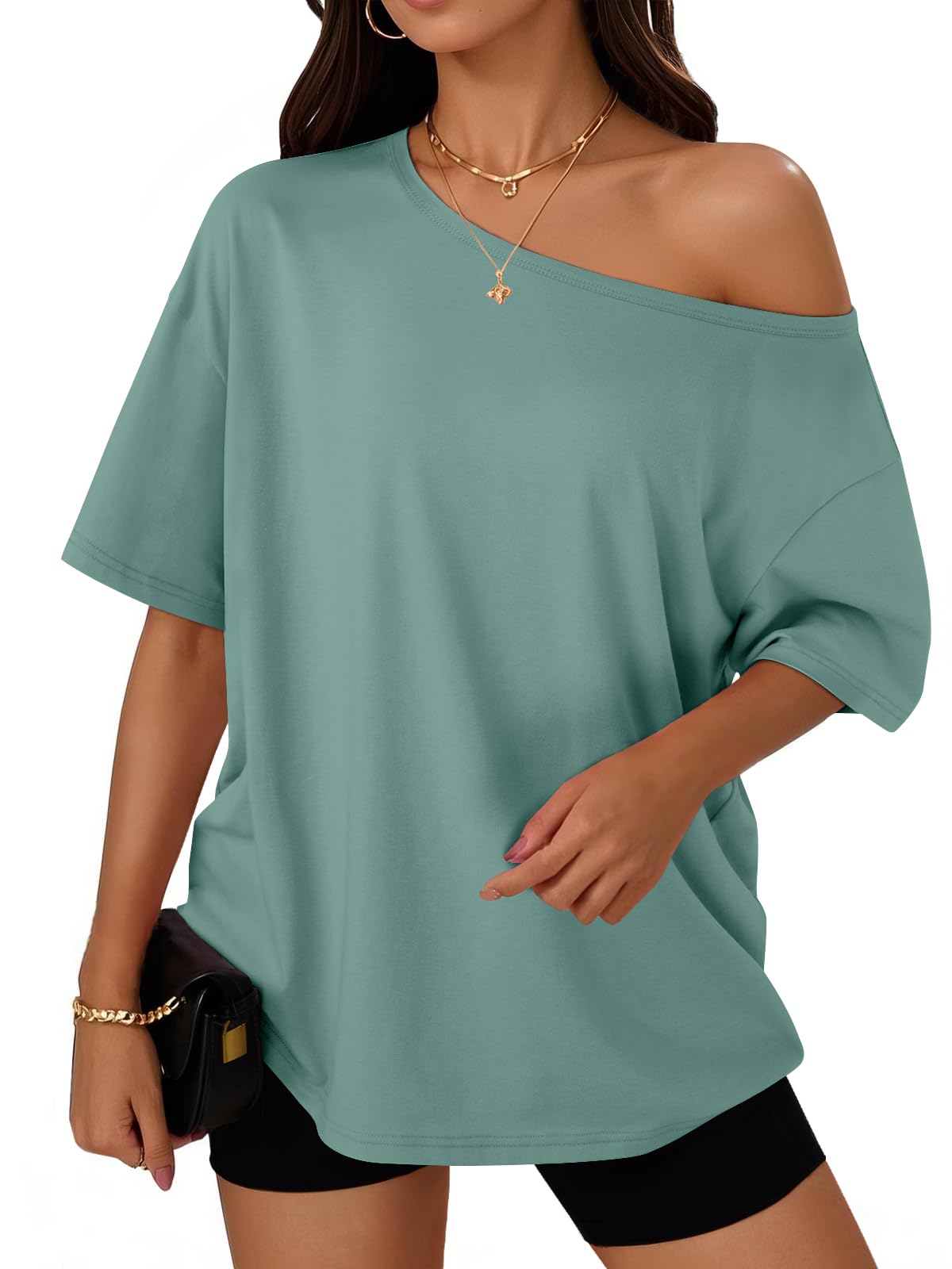 Trendy Queen Womens Off the Shoulder Tops Oversized Summer T-Shirts 2026 | Breathable comfort stretch fabric, short sleeve, basic oversized tees, casual workout gym, y2k going out clothes
