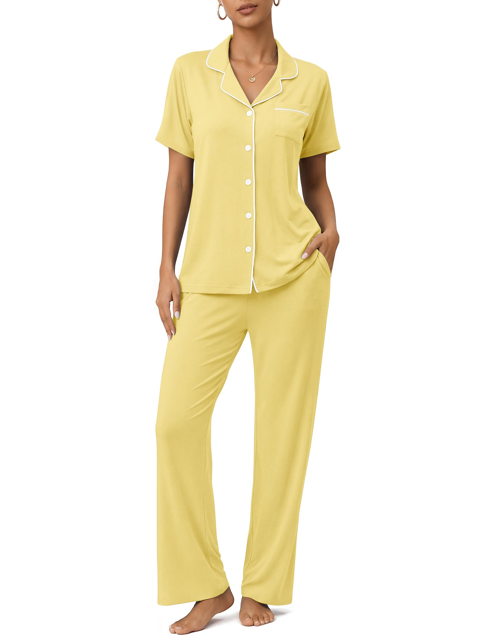 Womens Pajamas Sets 2 Piece Button Up Pj Sets Short Sleeve with Long Pant