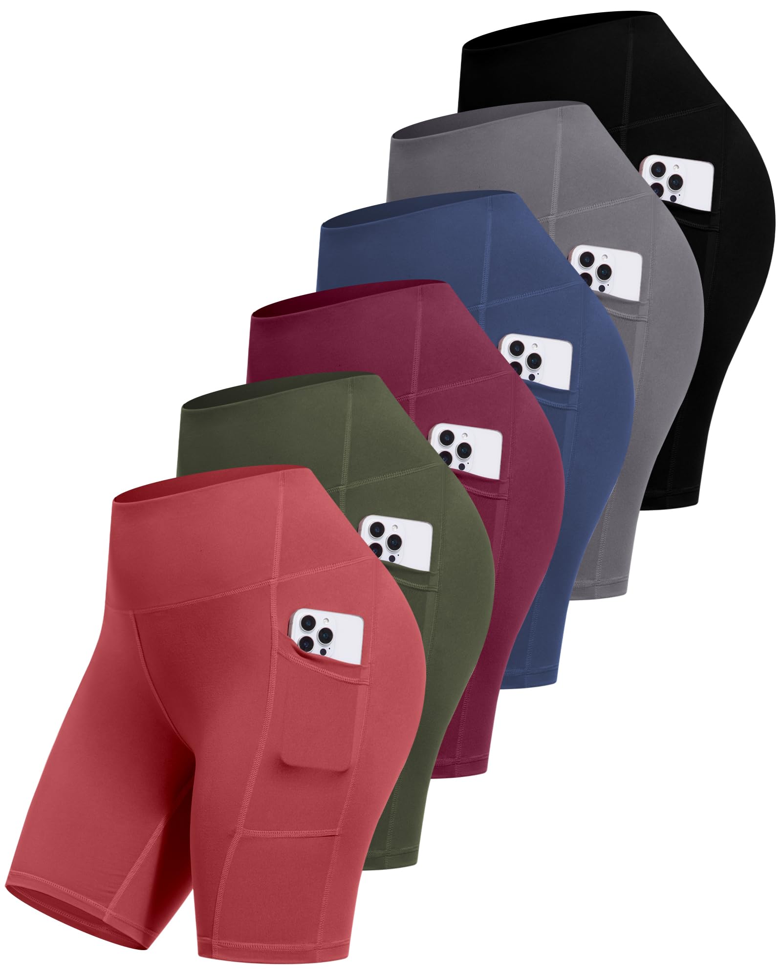 CHRLEISURE 6 Packs Womens Biker Shorts with Pocket, 5 Inch High Waisted Tummy Control Spandex Yoga Workout Shorts