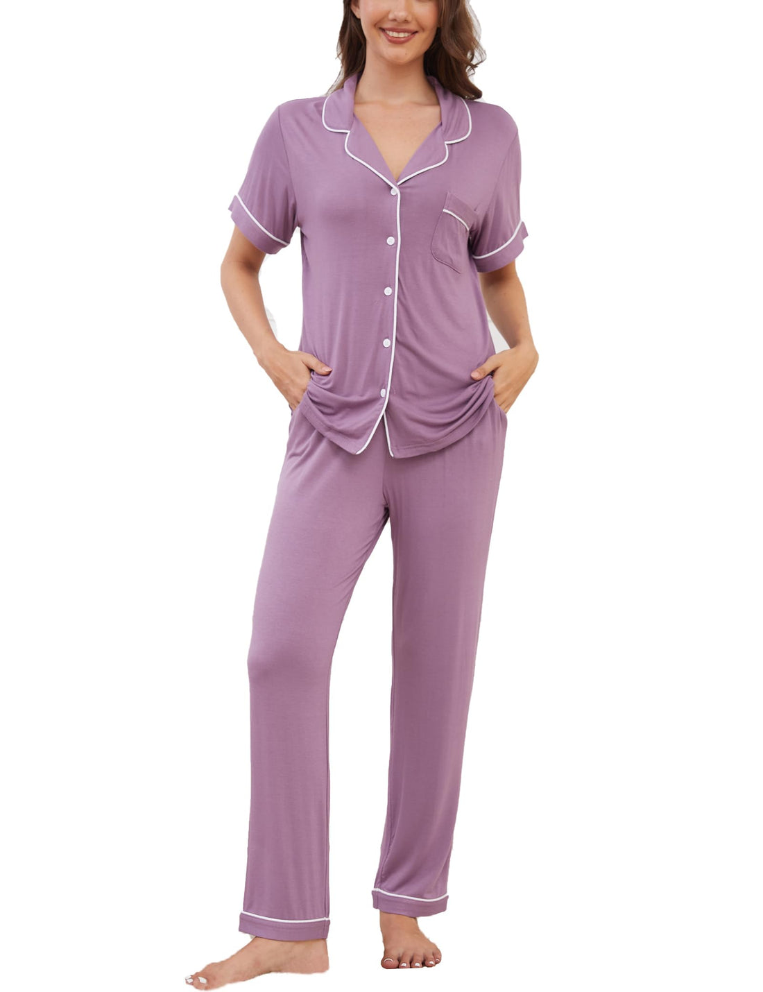 Womens Pajama Set Soft Pjs Short Sleeve Sleepwear with Long Pants 2 Piece Lounge Sets S-XXL