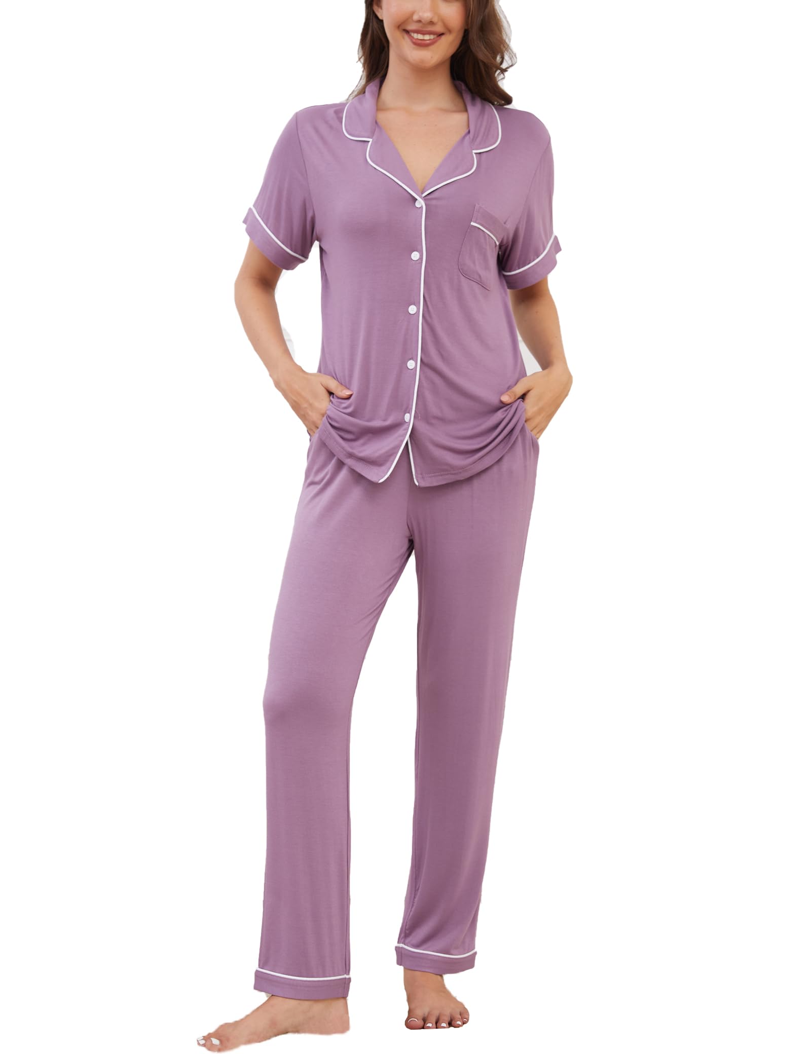 Womens Pajama Set Soft Pjs Short Sleeve Sleepwear with Long Pants 2 Piece Lounge Sets S-XXL