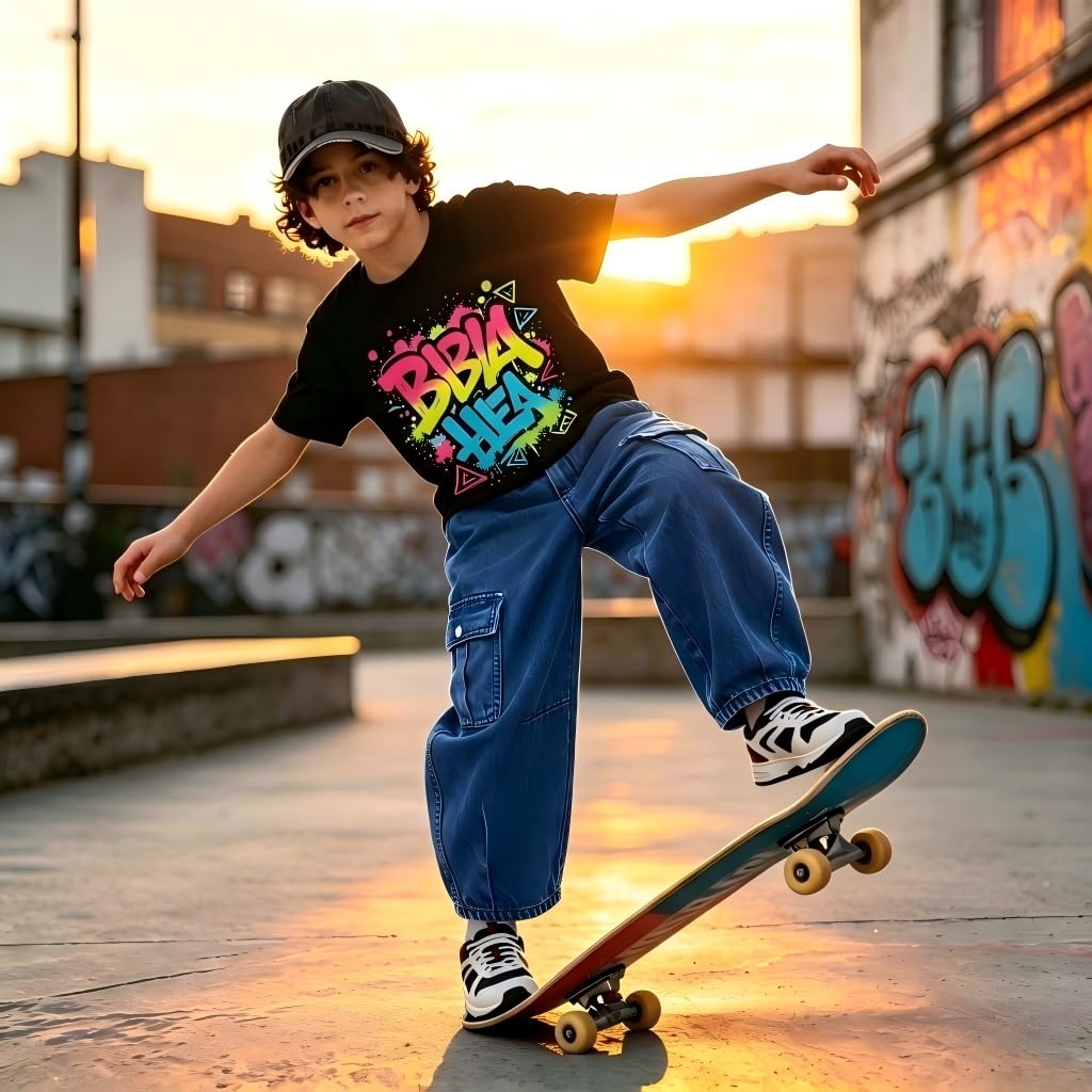 Baggy Jeans for Boys Cargo Jeans, Mid Rise Elastic Waist Multi-Pockets Denim Pants School Streetwear Size 8-12