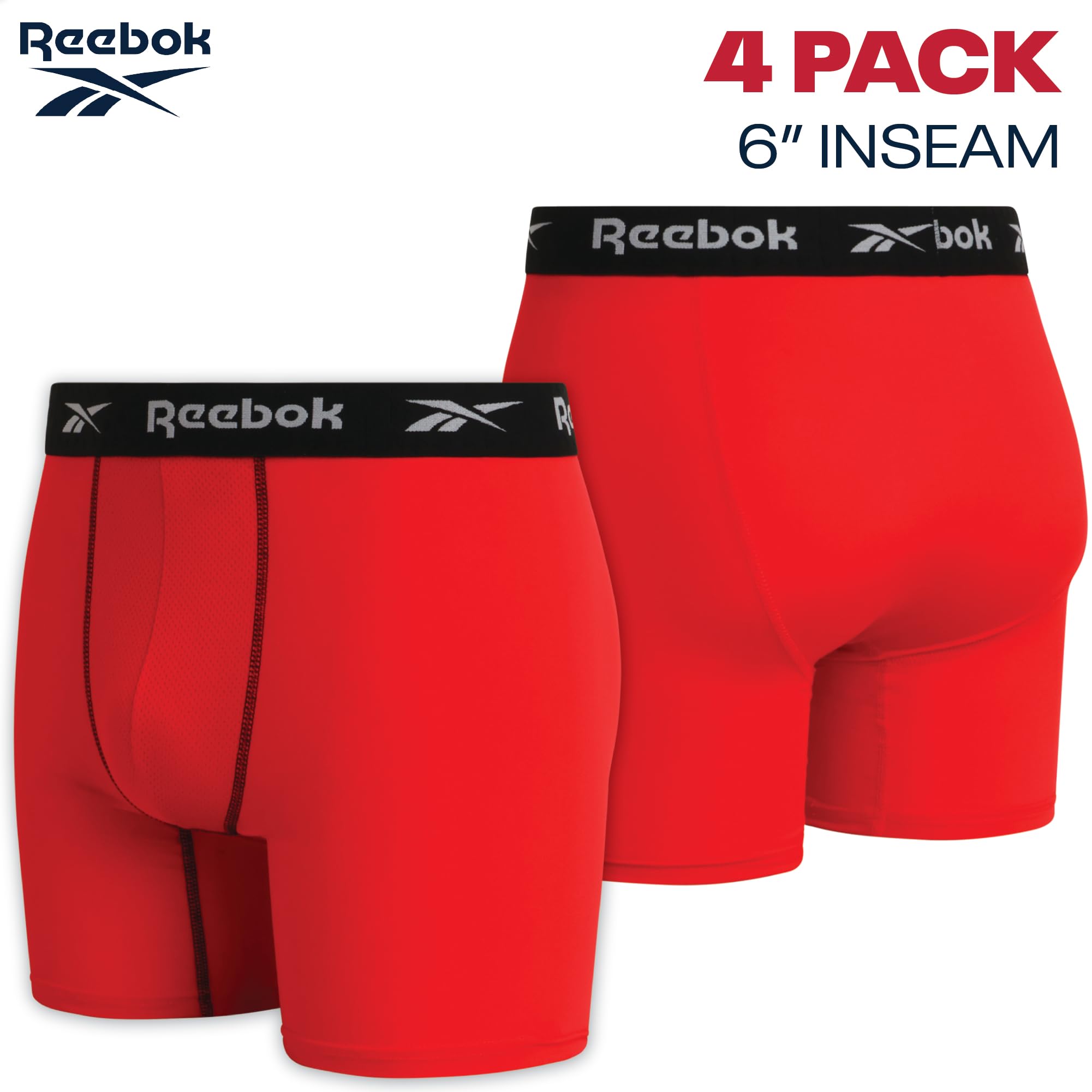Reebok Mens Boxer Briefs - 4 Pack Underwear with Contour Pouch, 6'' Inseam | Athletic Stretch Performance Moisture-Wicking Fabric, No Fly Pouch, Tag-Free Waistband