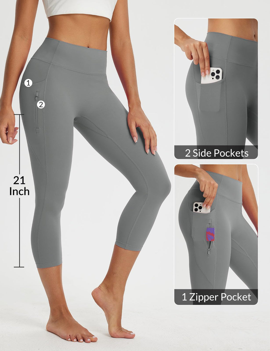 baleaf Women's Capri Leggings with 3 Pockets Tummy Control 21" Inseam Workout Capris Yoga Pants