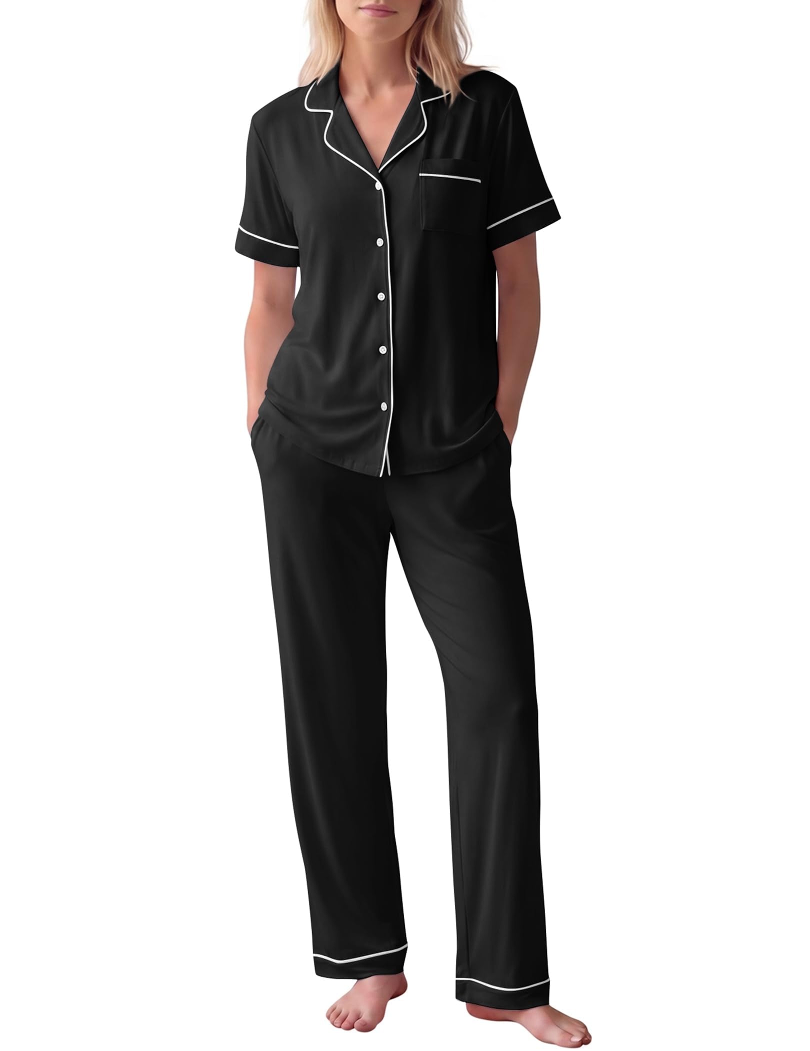 HNG Women Pajamas Set 2 Piece Button Up Pajamas Pant and Short Sleeve Shirt for Woman Pj Sets with Pocket