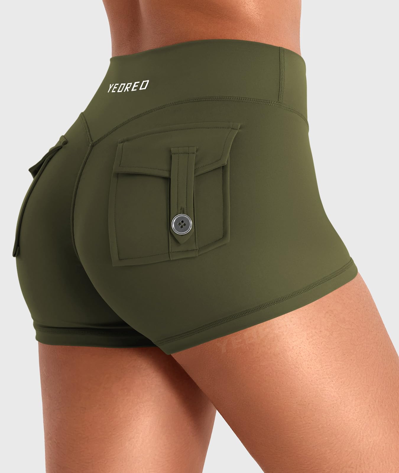 YEOREO CoreFlex Women Workout Shorts Low Rise Hidden Scrunch Butt Lifting Cargo Pockets 2.5" Shorts