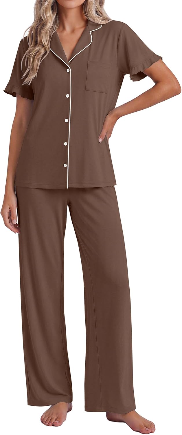 Ekouaer Pajamas for Women Set Button Up Soft Pjs Short Sleeve Lounge Sets