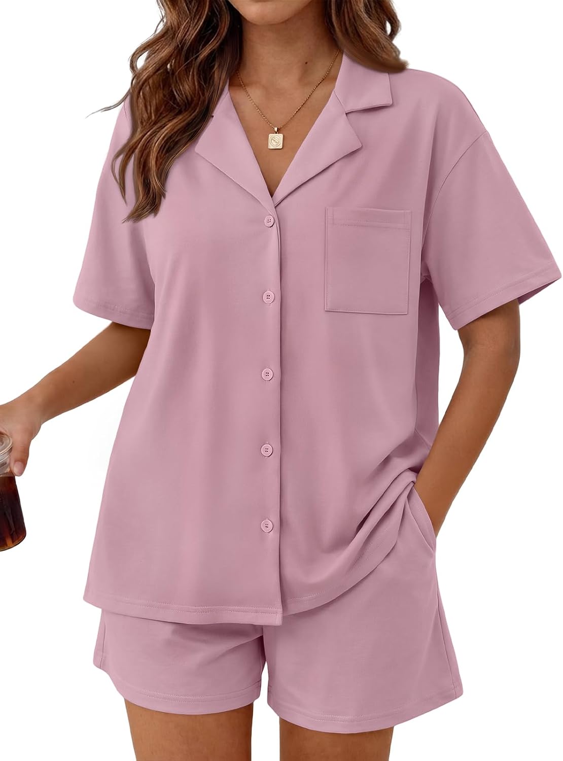 Trendy Queen Pajamas Set for Women 2 Piece Short Sleeve Sleepwear Button Down Pjs Matching Lounge Sets with Pockets