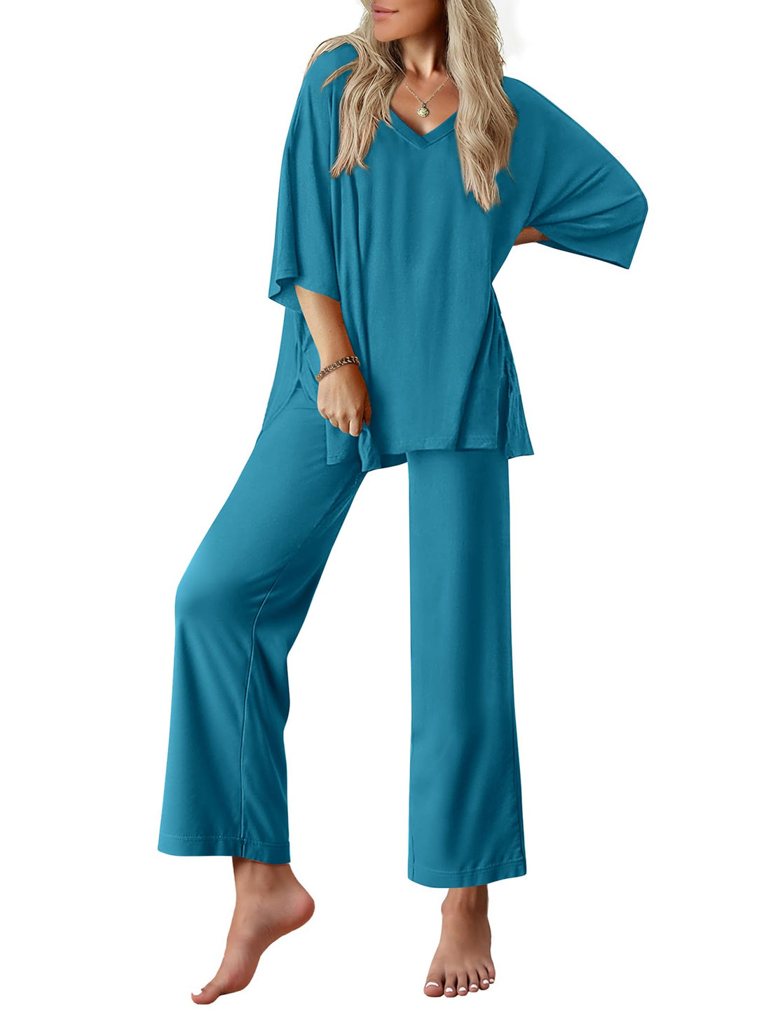 Ekouaer Lounge Sets for Women Short Sleeve Tops and Long Pants Pajamas Set