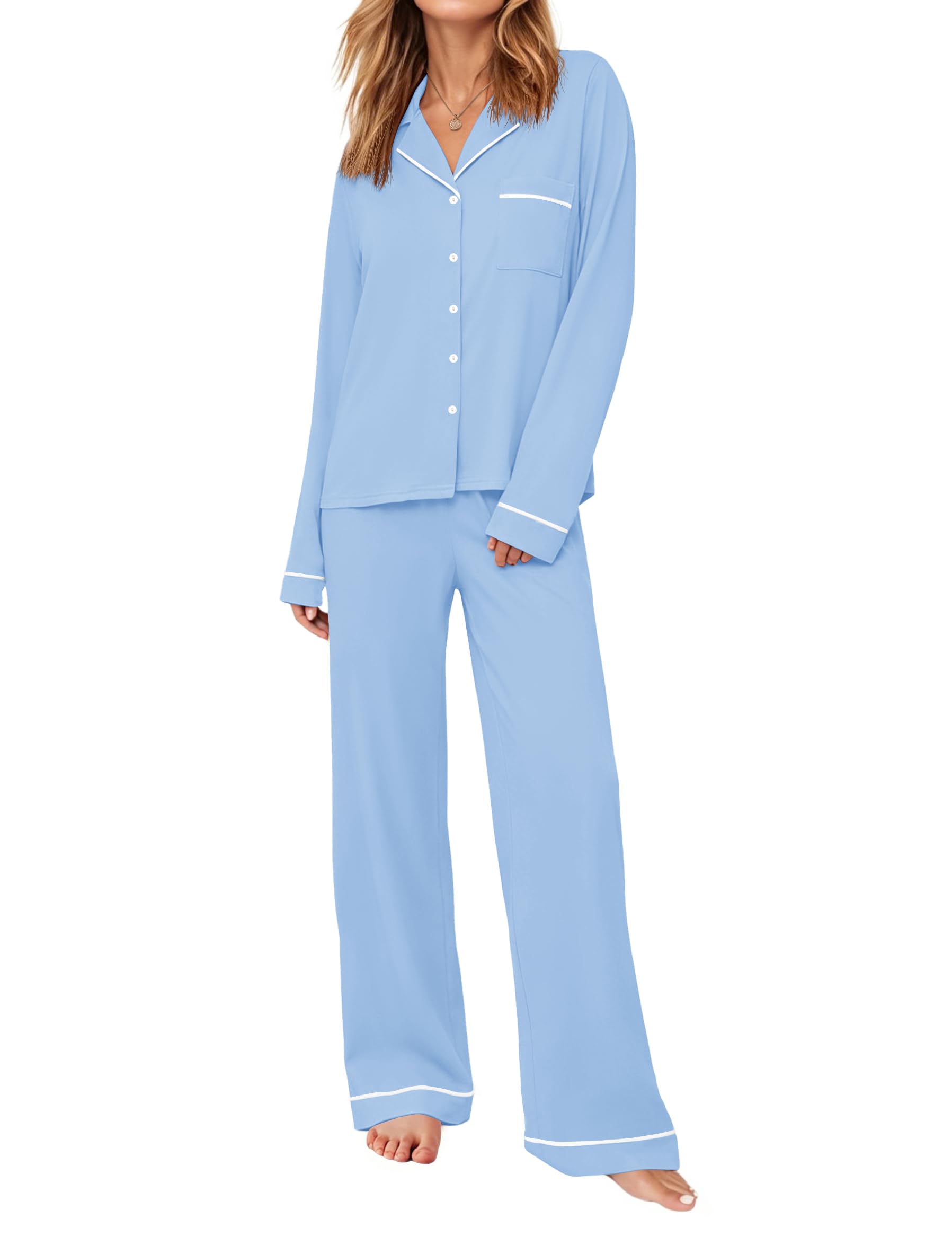 Ekouaer Womens Pajama Sets Long Sleeve Button Down Lounge Sets with Pockets