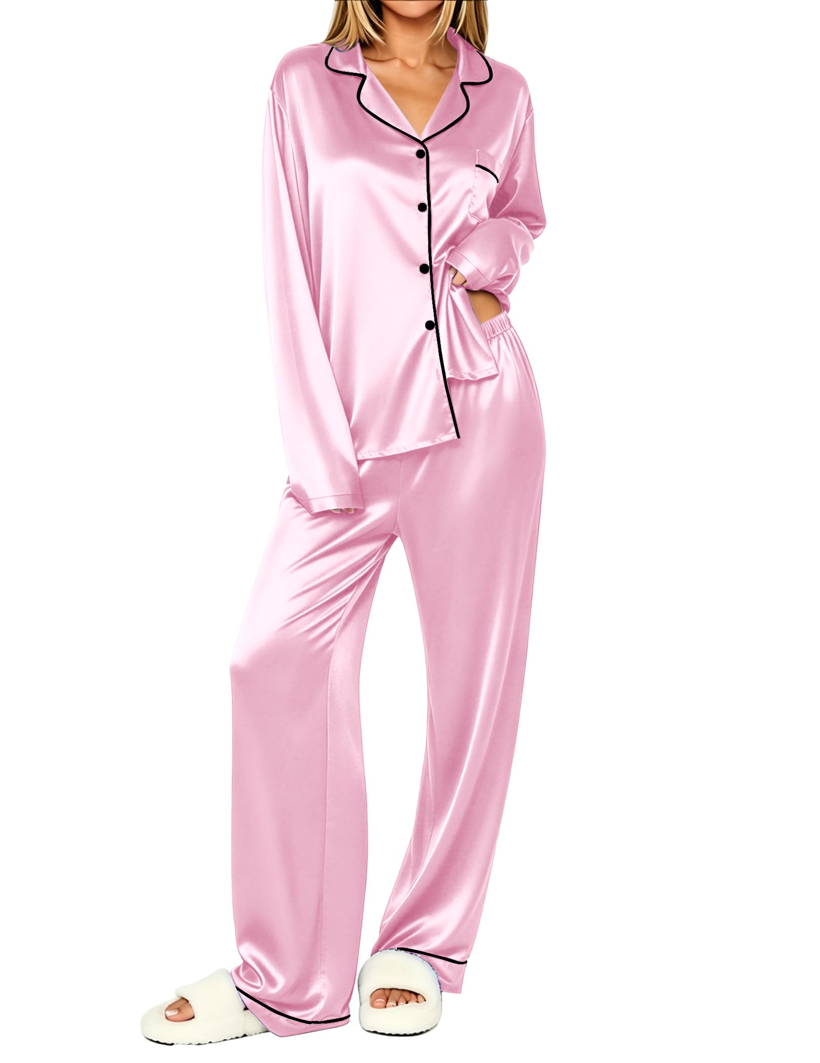 Ekouaer Womens Pajamas Silk Satin Long Sleeve Button Down Pjs Lounge Set