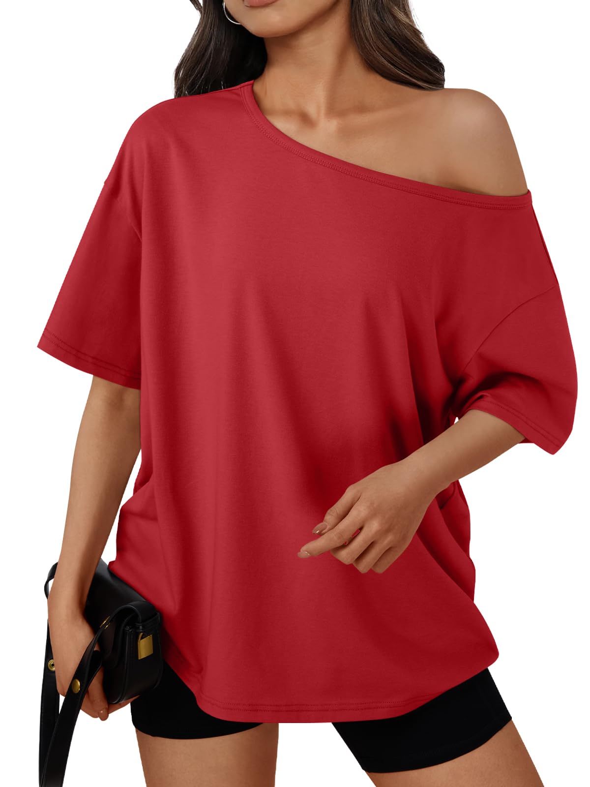 Trendy Queen Womens Off the Shoulder Tops Oversized Summer T-Shirts 2026 | Breathable comfort stretch fabric, short sleeve, basic oversized tees, casual workout gym, y2k going out clothes