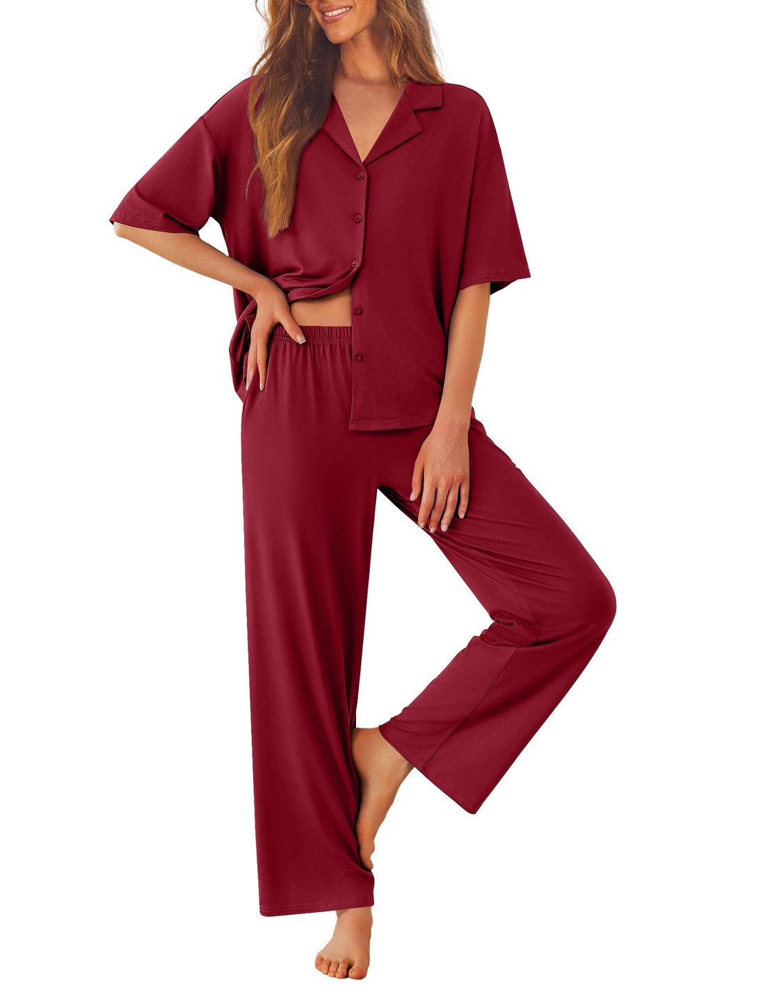 Ekouaer Women Pajamas Set Button Down Sleepwear Short Sleeve Pjs Long Pants