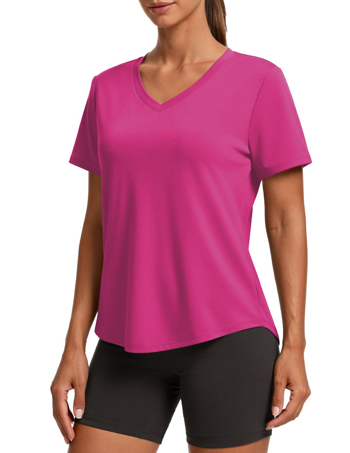 PINSPARK Soft Workout Tops for Women Short Sleeve V Neck Moisture Wicking UPF 50+ Sun Protection Quick Dry Gym Shirts
