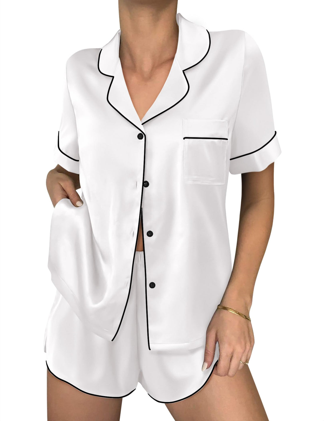 Ekouaer Women Satin Pajama Sets Cute Print Silk Pjs Shorts Sets S-4XL