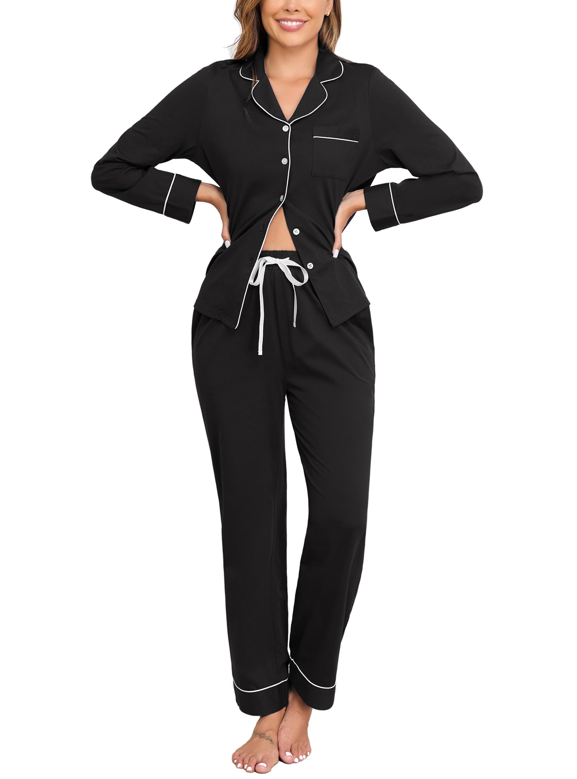 Veseacky 100% Cotton Women's Pajama Set Long Sleeve Button Down Sleepwear Soft Pjs Lounge Sets Nightwear Pjs XS-XXL
