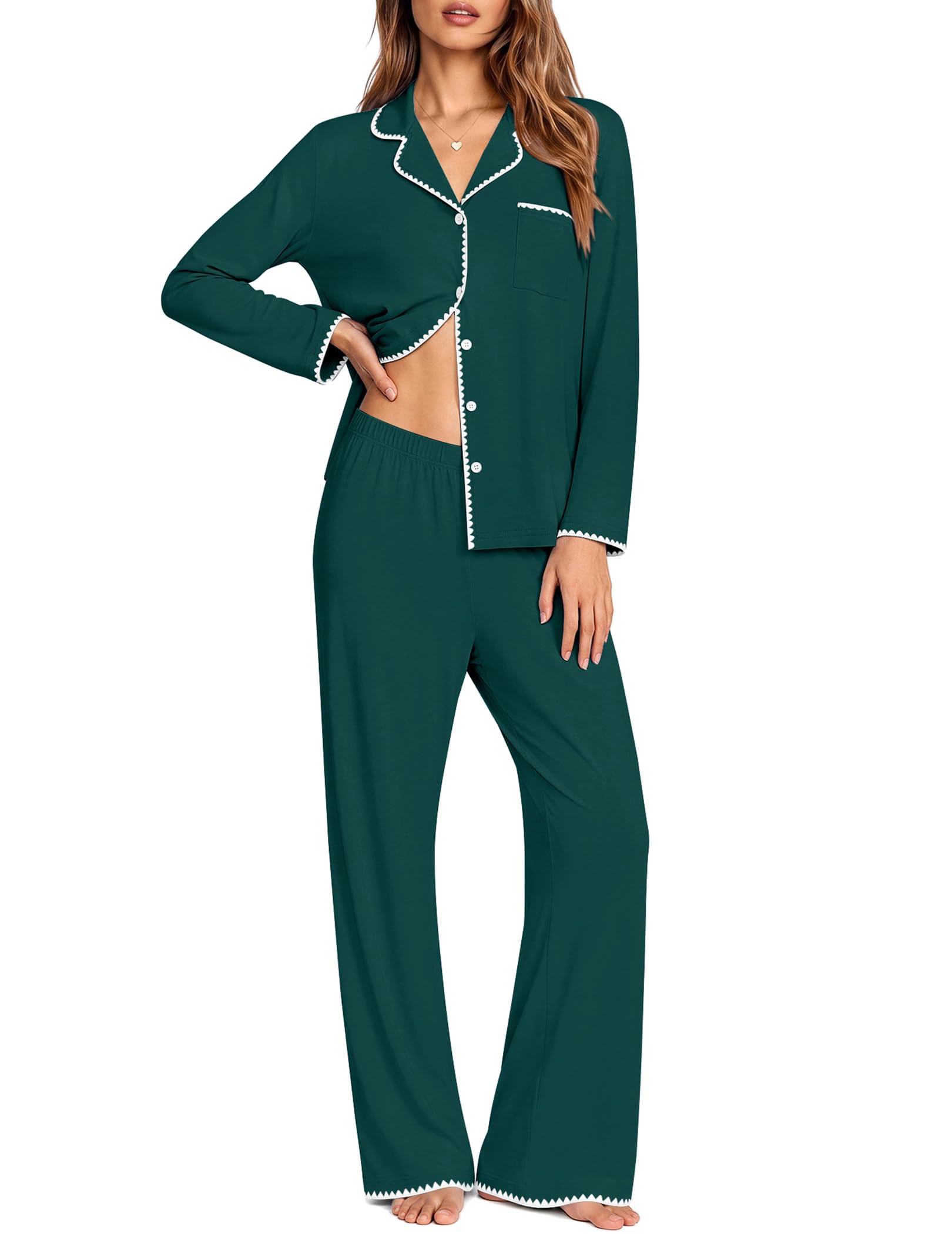 Ekouaer Pajamas for Women Set Long Sleeve Lounge Set Soft Button Down Pjs