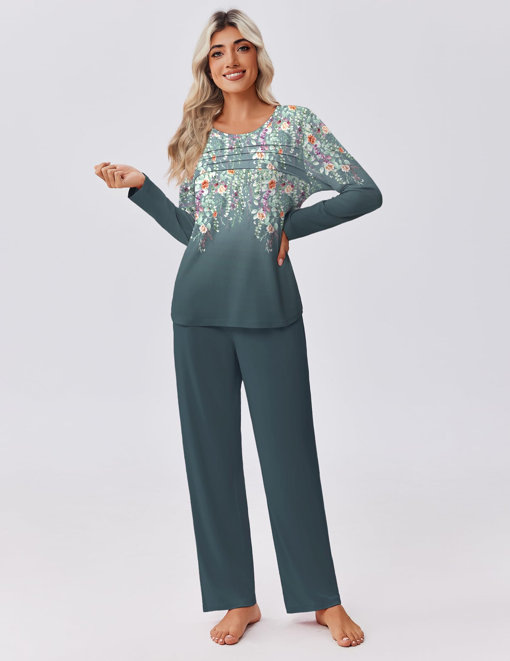 Ekouaer Womens Pajama Sets Pleated Tops with Long Sleeve Fall Lounge Set
