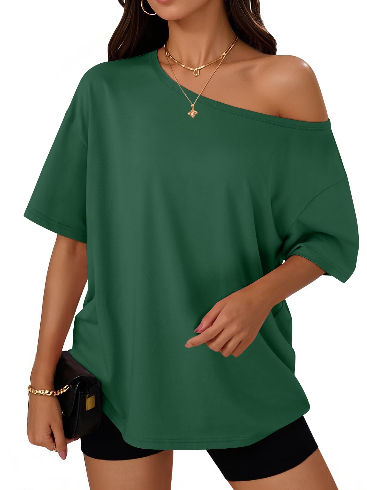 Trendy Queen Womens Off the Shoulder Tops Oversized Summer T-Shirts 2026 | Breathable comfort stretch fabric, short sleeve, basic oversized tees, casual workout gym, y2k going out clothes