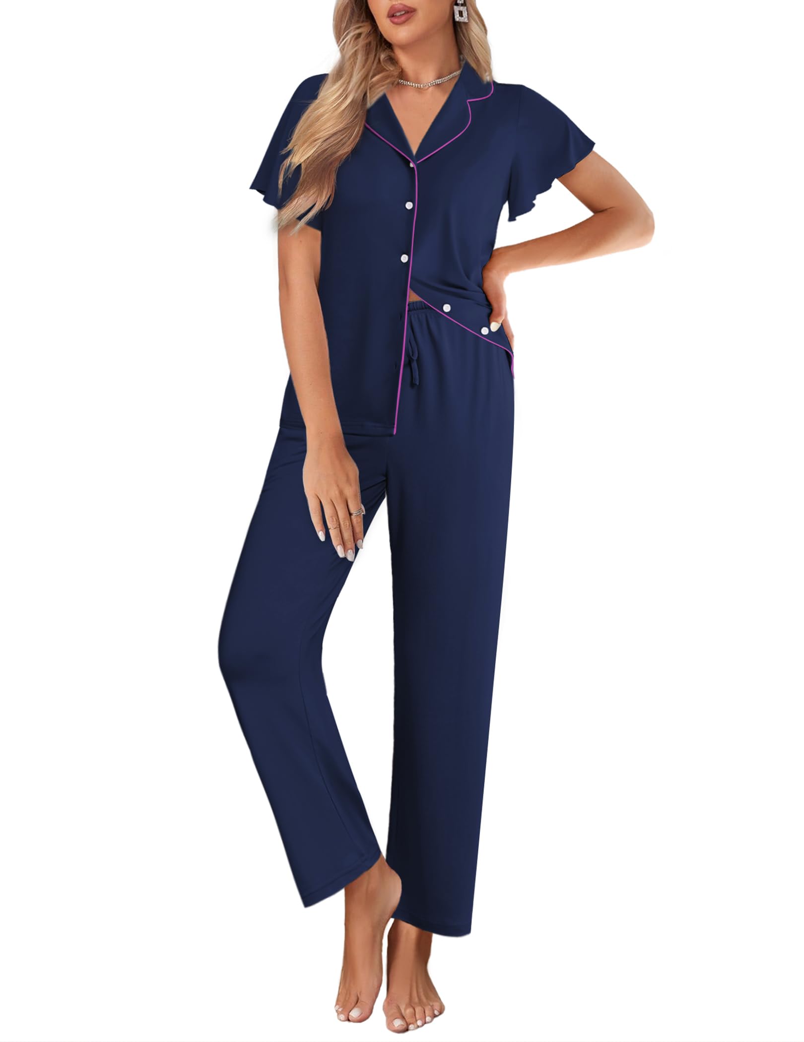 Ekouaer Pajamas for Women Set Ruffle Sleeve Button Up with Long Pants