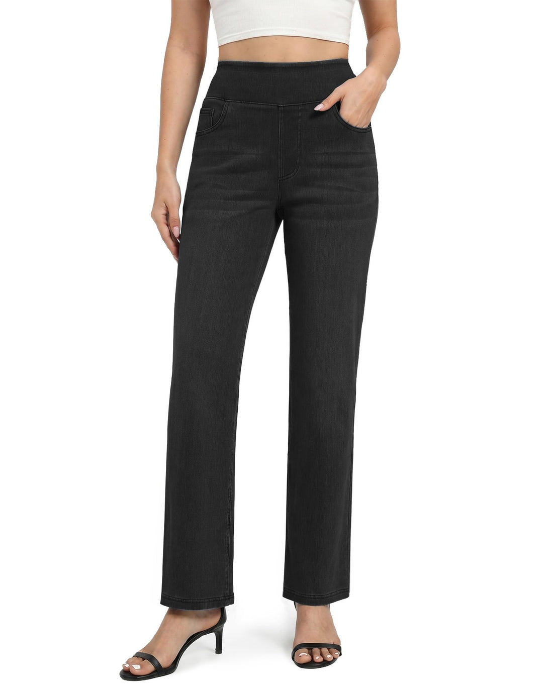 Pull on Straight Leg Jeans for Women Stretchy Sweatpant Jeans Elastic High Waist Tummy Control Trendy Denim Pants