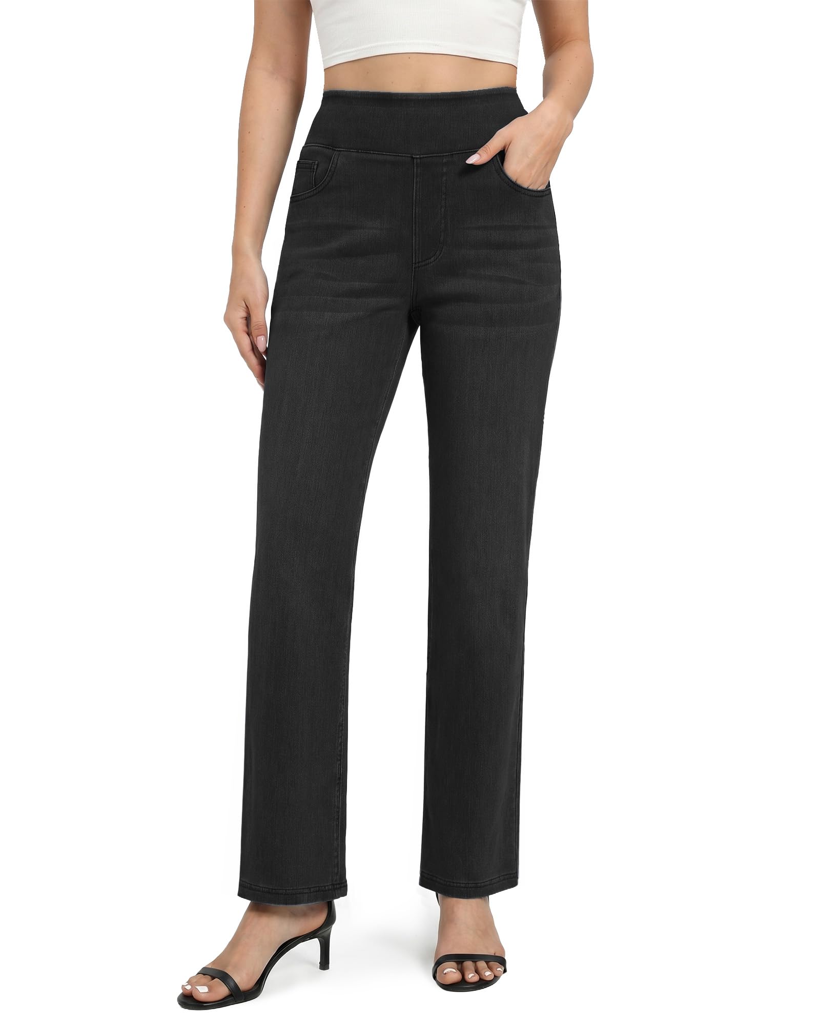 Pull on Straight Leg Jeans for Women Stretchy Sweatpant Jeans Elastic High Waist Tummy Control Trendy Denim Pants